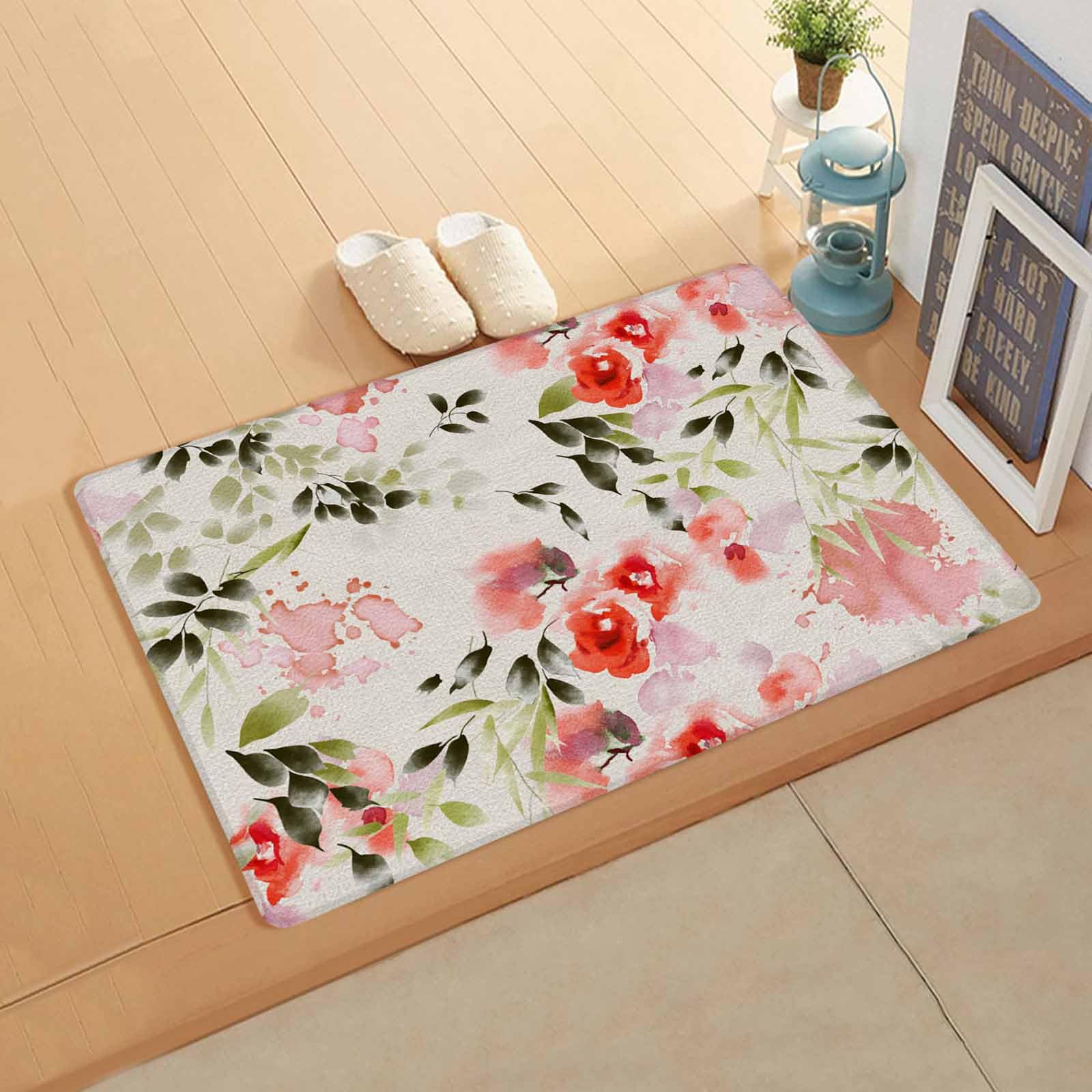 Farmhouse Flower Kitchen Bath Door Mat Cushioned Runner Rug,Washable Welcome Floor Sink Antifatigue Mat,Waterproof & Non-Slip Comfort Standing Doormat,Traditional Ink Painting Red Sage Leaf 18