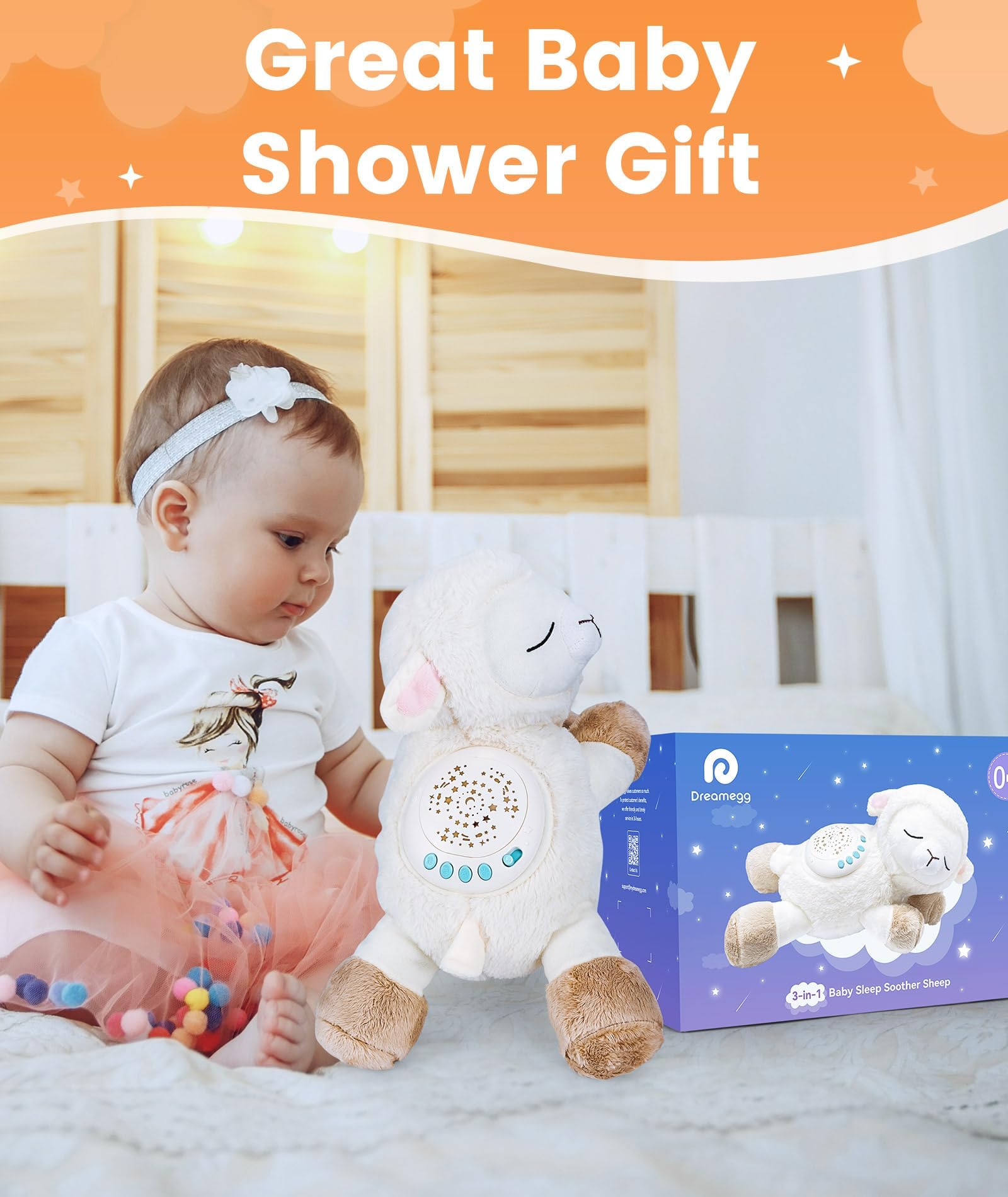 Dreamegg 3-en-1 Jouet Peluche Musical Mouton pour Bébé Sommeil, Veilleuse Bruit Blanc Bebe 7 Sons Apaisants, Projecteur Starlight avec 3 Modèles de Projecteurs Interchangeables, Cadeau Naissance