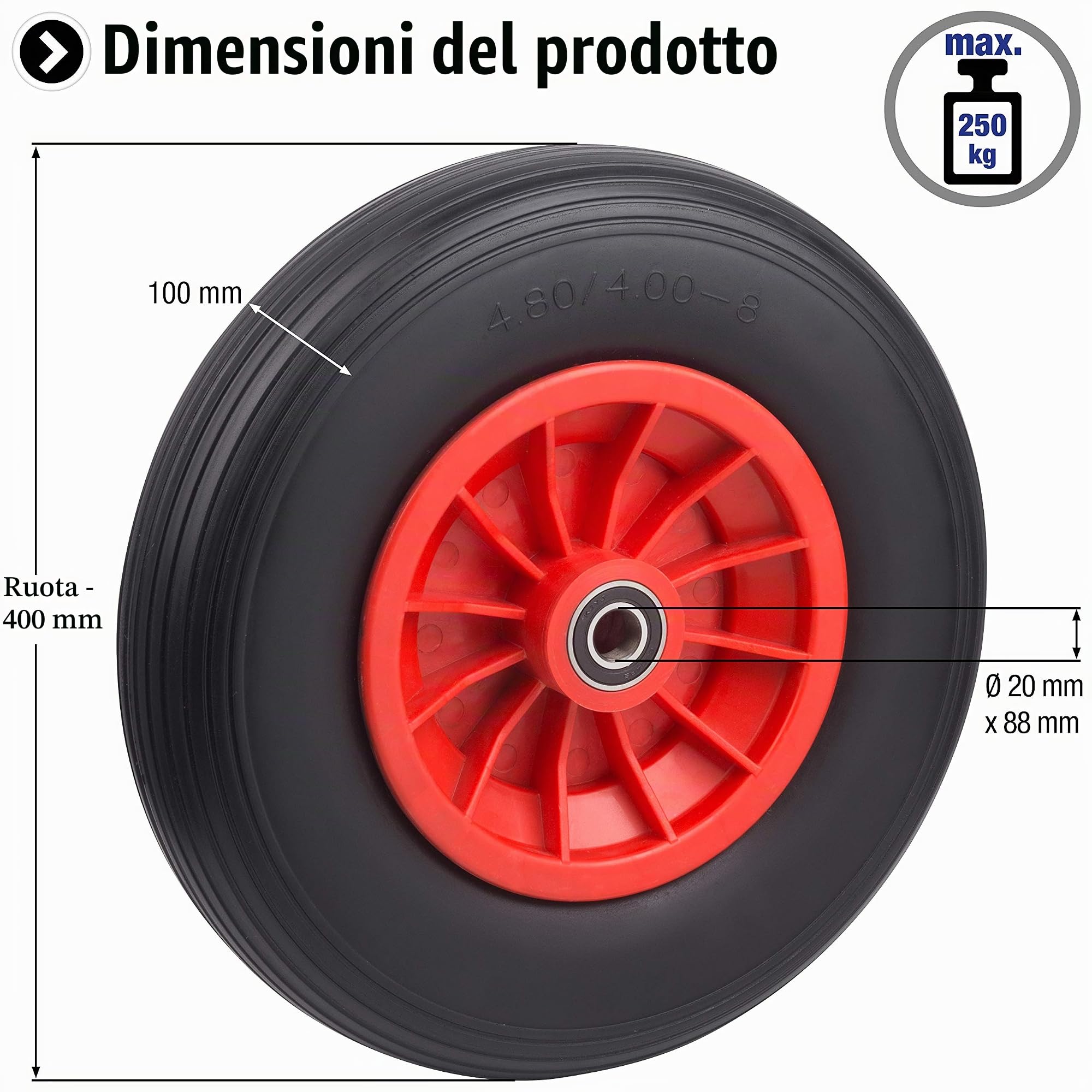 Metafranc Ruota antiforatura Ø 400 mm – Cerchio in PVC – Tipo 4.80/4.00 – 8 – 100 kg – Cuscinetto a sfera/Ruota in gomma piena per carriola/ruota completa con cerchione/ruota carriola/ruota