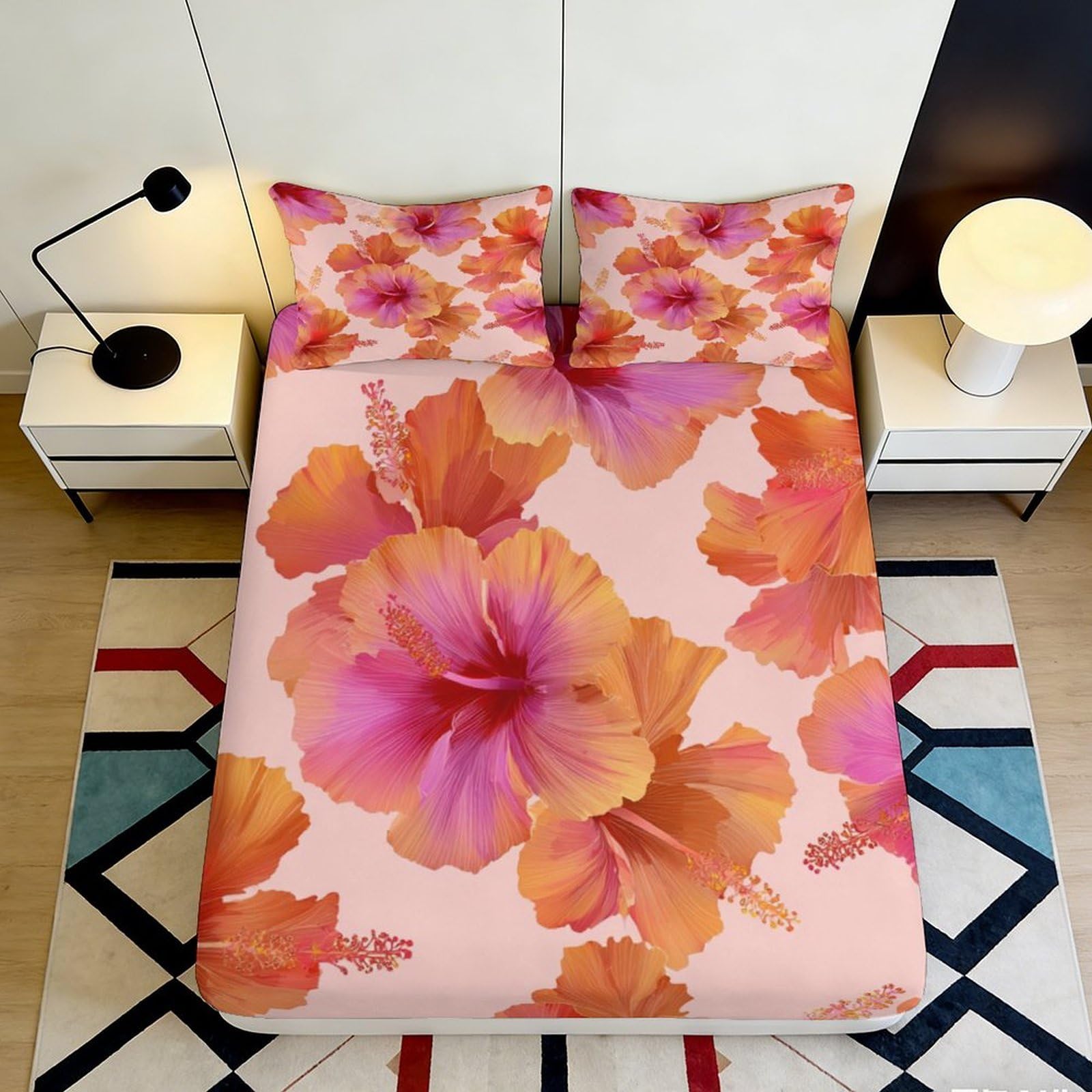 3D Printed Hibiscus Blossom Fitted Sheet Microfiber Soft Peach Orange Floral Bed Cover for Bedroom Dorm Mattress Protection Decor 90x200x25cm