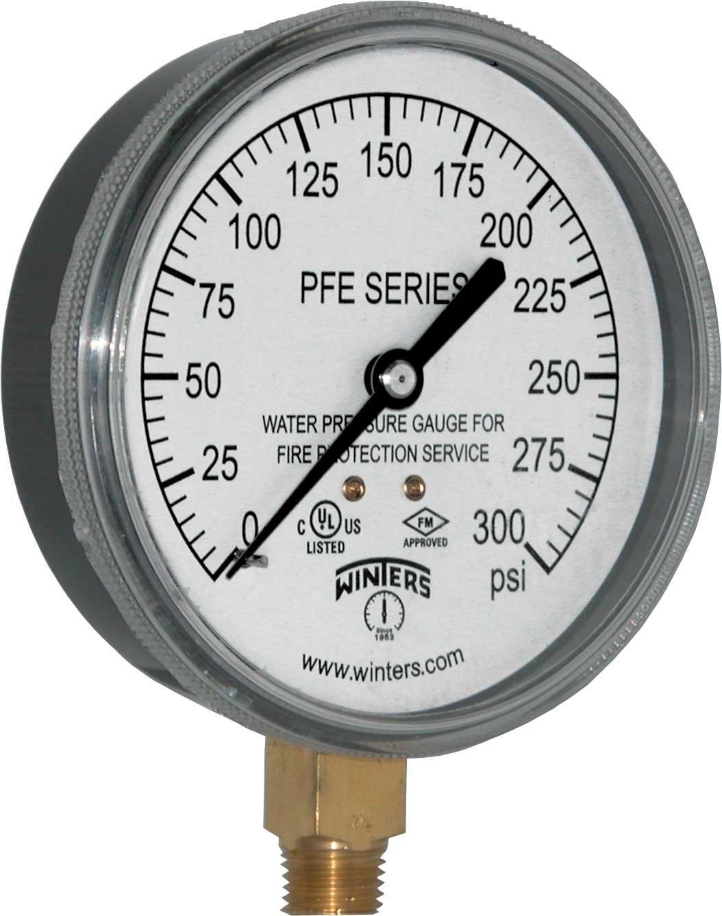 Winters PFE Series Single Scale Sprinkler Pressure Gauge, 3-1/2" Dial, 0-300 psi Range, +/-3-2-3% Accuracy, 1/4" Male NPT Bottom Connection, For Water