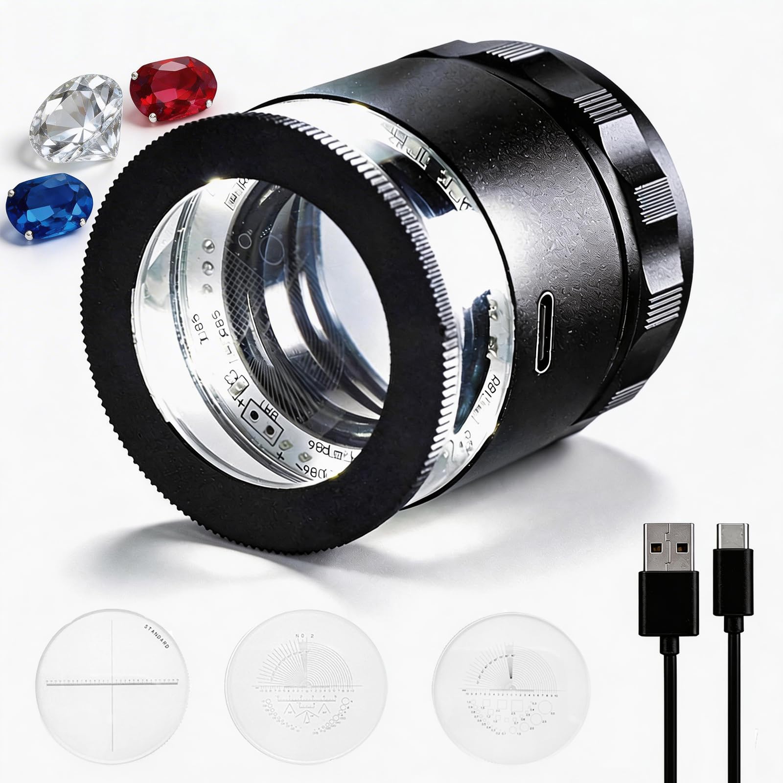 Lupa de Joyero, Lupa de Aumento portátil 10x con 8 Luces LED y Escala de Vidrio de 3 Recargable Campo de Visión de 25 mm para Joyería, Gemas, Monedas, Herramienta de Hobby