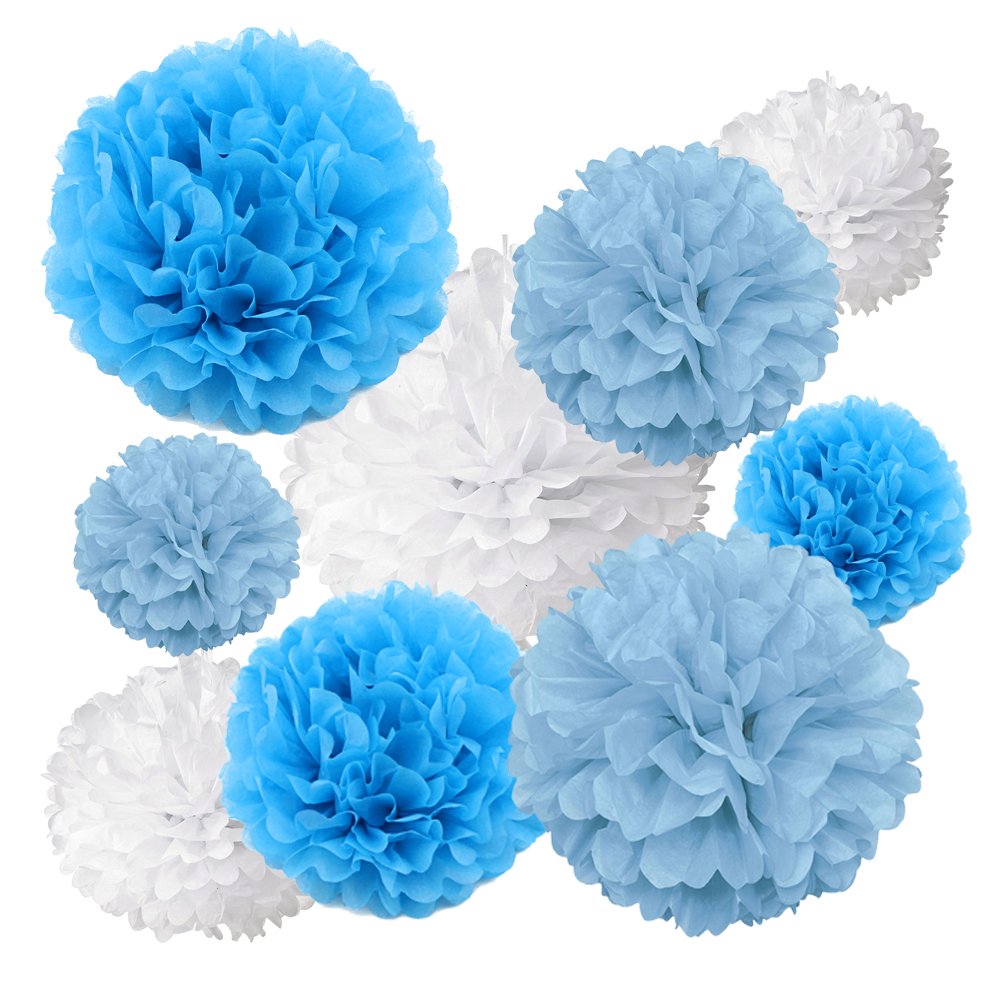 Gold Fortune 18PCS Tissue Hanging Paper Pom Poms Flower Ball Wedding Party Outdoor Decoration Tissue Paper Pom Pom Flowers Craft Kit (Blue White)