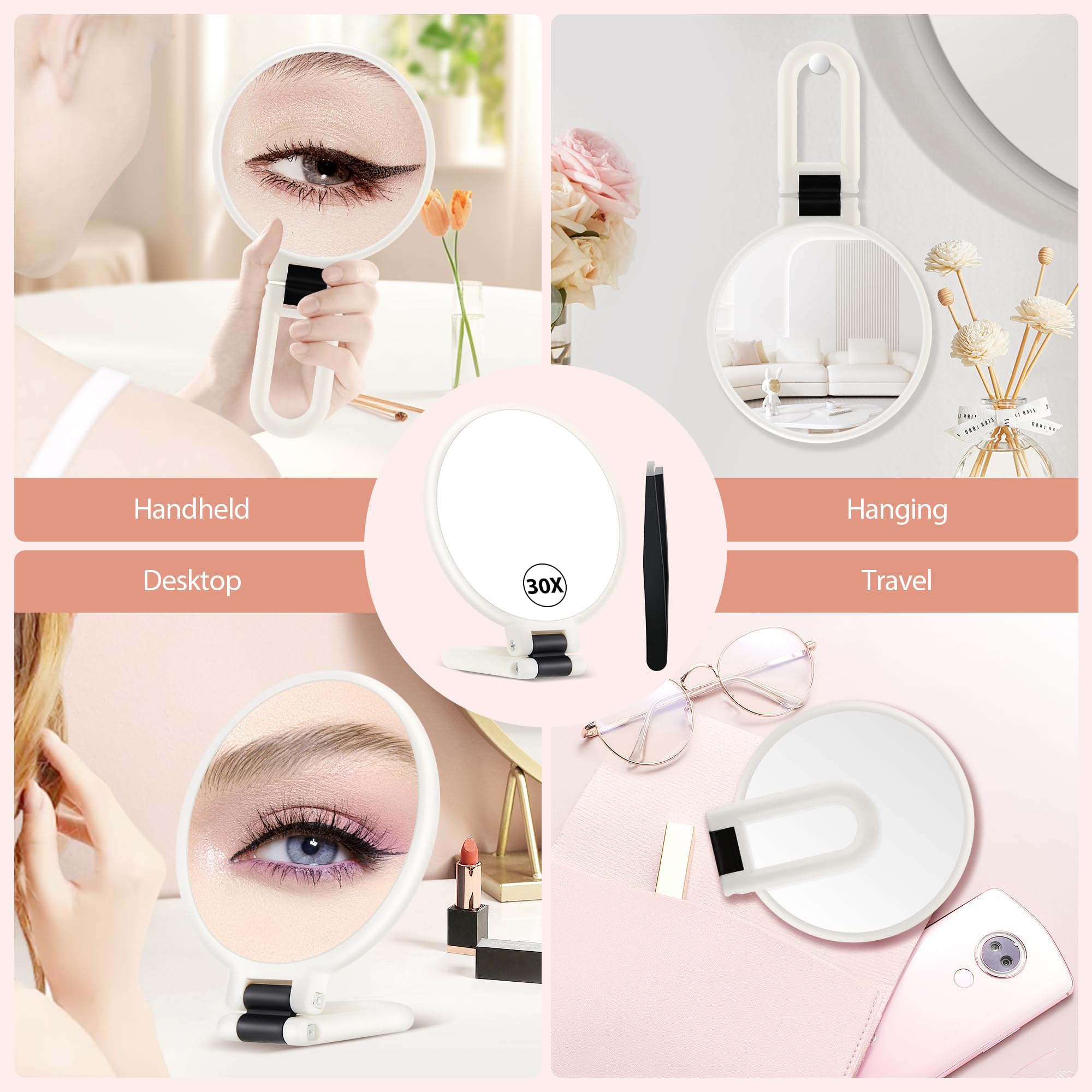 MIYADIVA Lusterko ręczne, 30-krotne lusterko powiększające na stojaku, dwustronne powiększenie z powiększeniem 30X/1x, regulowany uchwyt 360°, przenośny makijaż podróżny do wyrywania brwi, perłowa