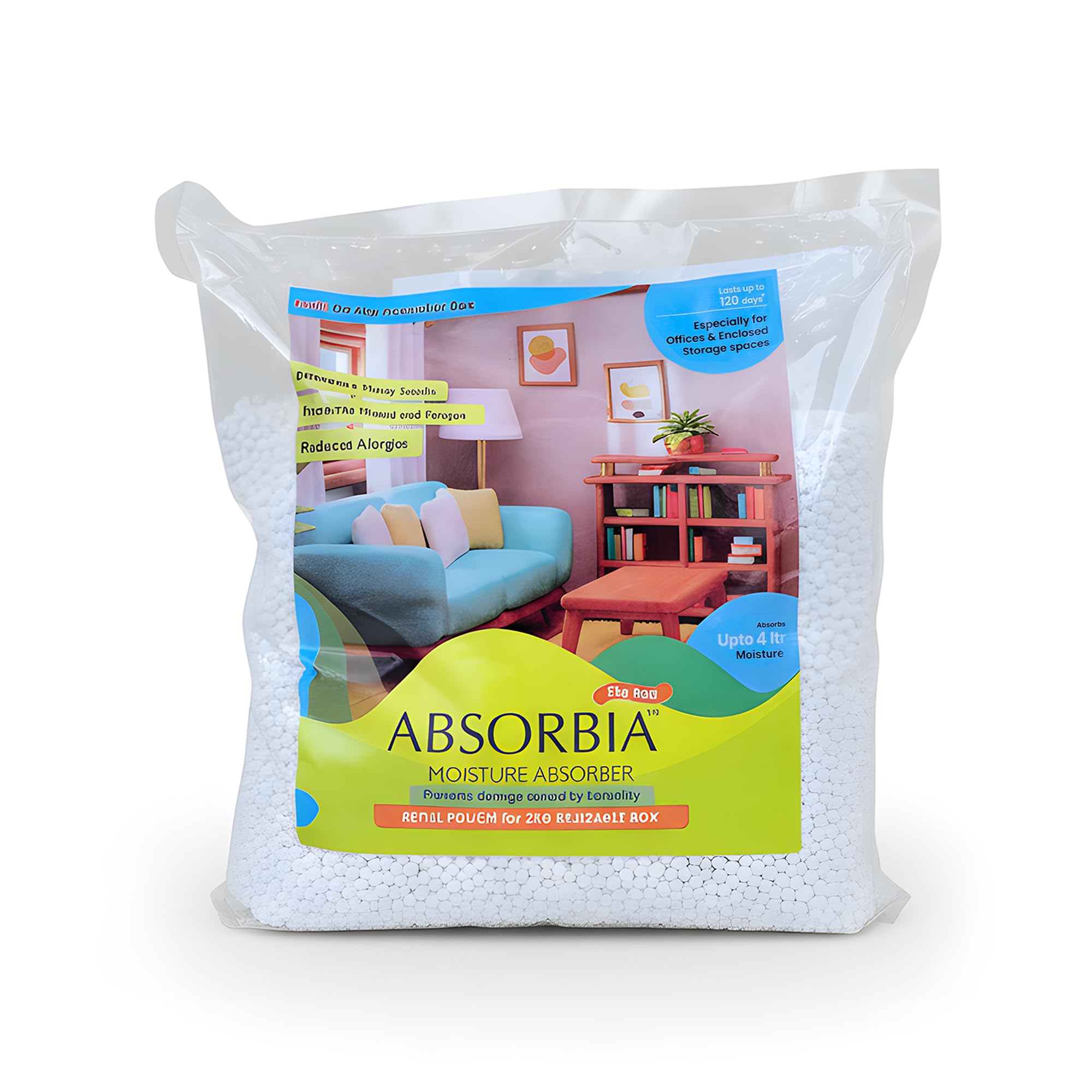 Absorbia Moisture absorber | Absorbia 2000g Spill proof refill pouch for reusable (Absorbtion capacity 4liter) for rooms storage etc