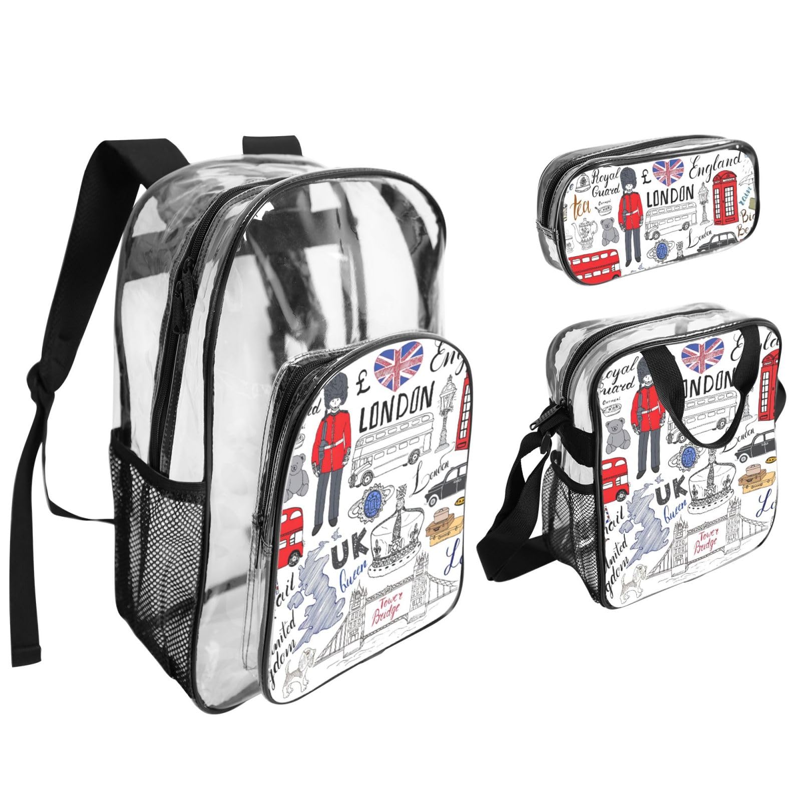 'I Love London Print Clear' lekka 3-częściowa torba na lunch Combo przezroczysty plecak zestaw szkolna podróż