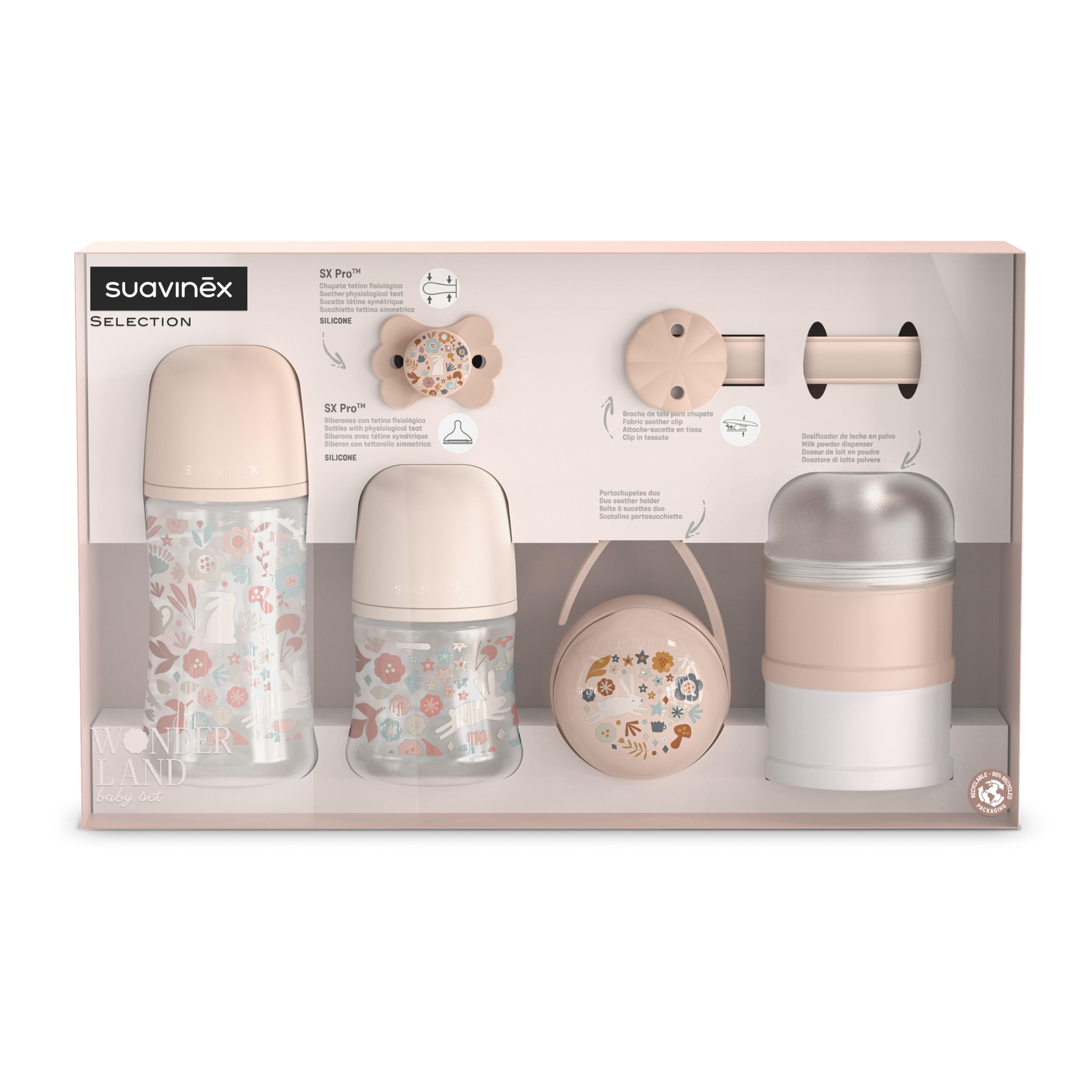 Suavinex, Set Regalo Recién Nacido. Kit Biberones Anticólicos de 150 ml y 270 ml + Chupete 0/6 Meses con Tetina Fisiológica SX Pro + Dosificador de Leche + Portachupetes + Chupetero. Wonderland Rosa