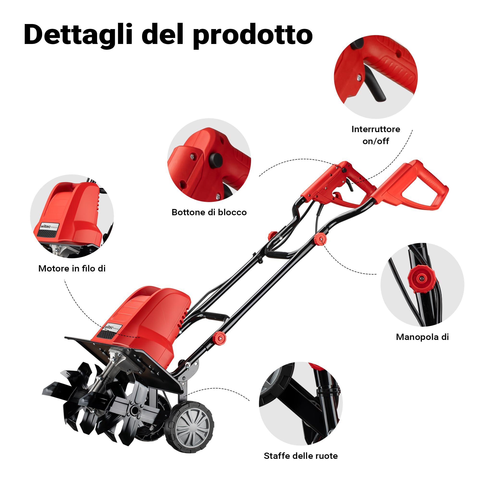 Wiltec Motozappa elettrica per giardino, 1500 W 400 rpm, 24 lame, Elettrozappa Fresa per orto