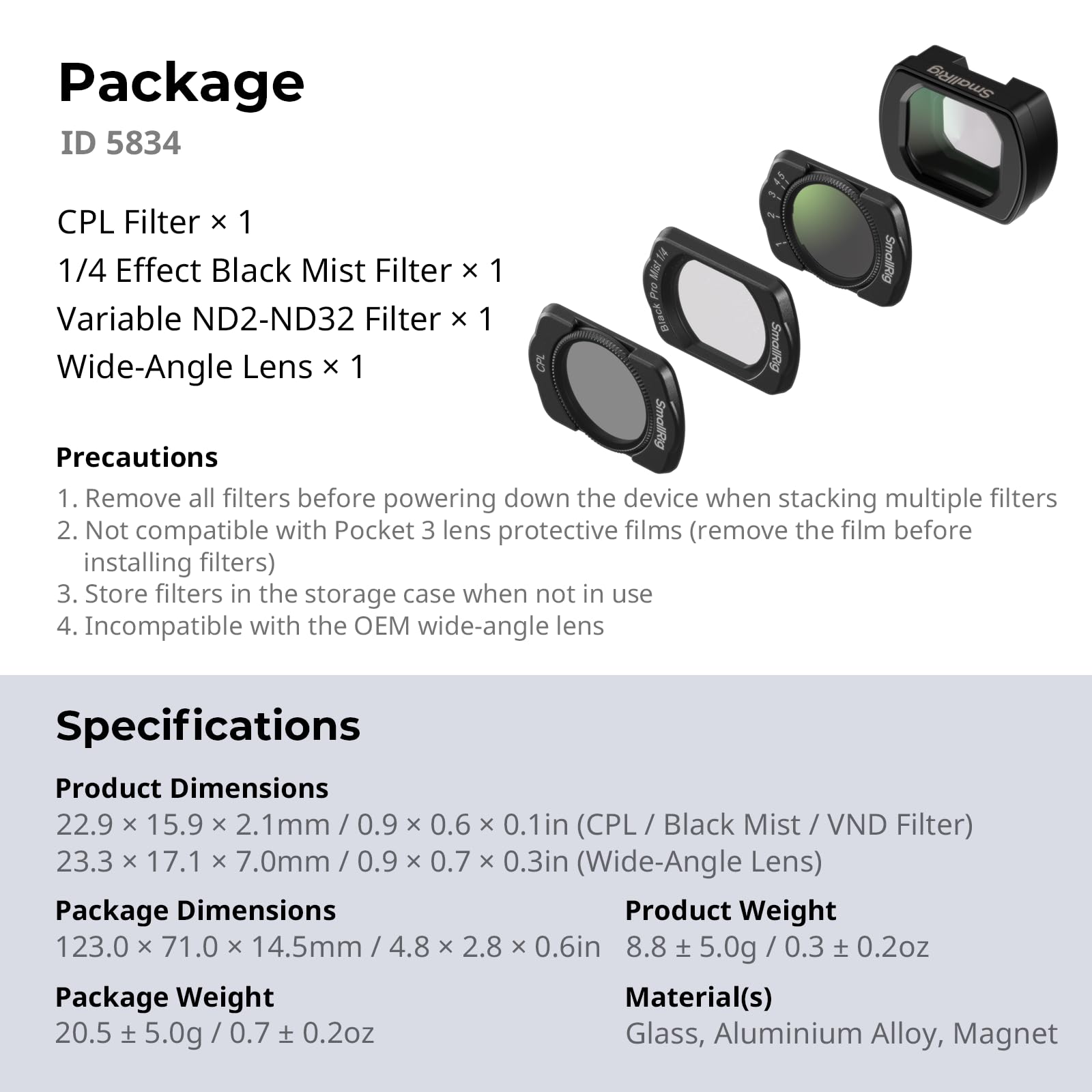 SmallRig Lente gran angular magnética, ND y CPL y filtro de efecto para DJI Osmo Pocket 3 accesorios, paquete de 4 lentes gran angular CPL 1/4 de difusión negra variable ND2-32, vidrio óptico HD