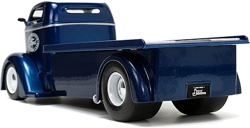 Miniatura 5 de Jada Toys Just Trucks 1:24 1947 Ford COE - Auto de cama plana fundido a presión color azul oscuro y blanco con estante para neumáticos, juguetes
