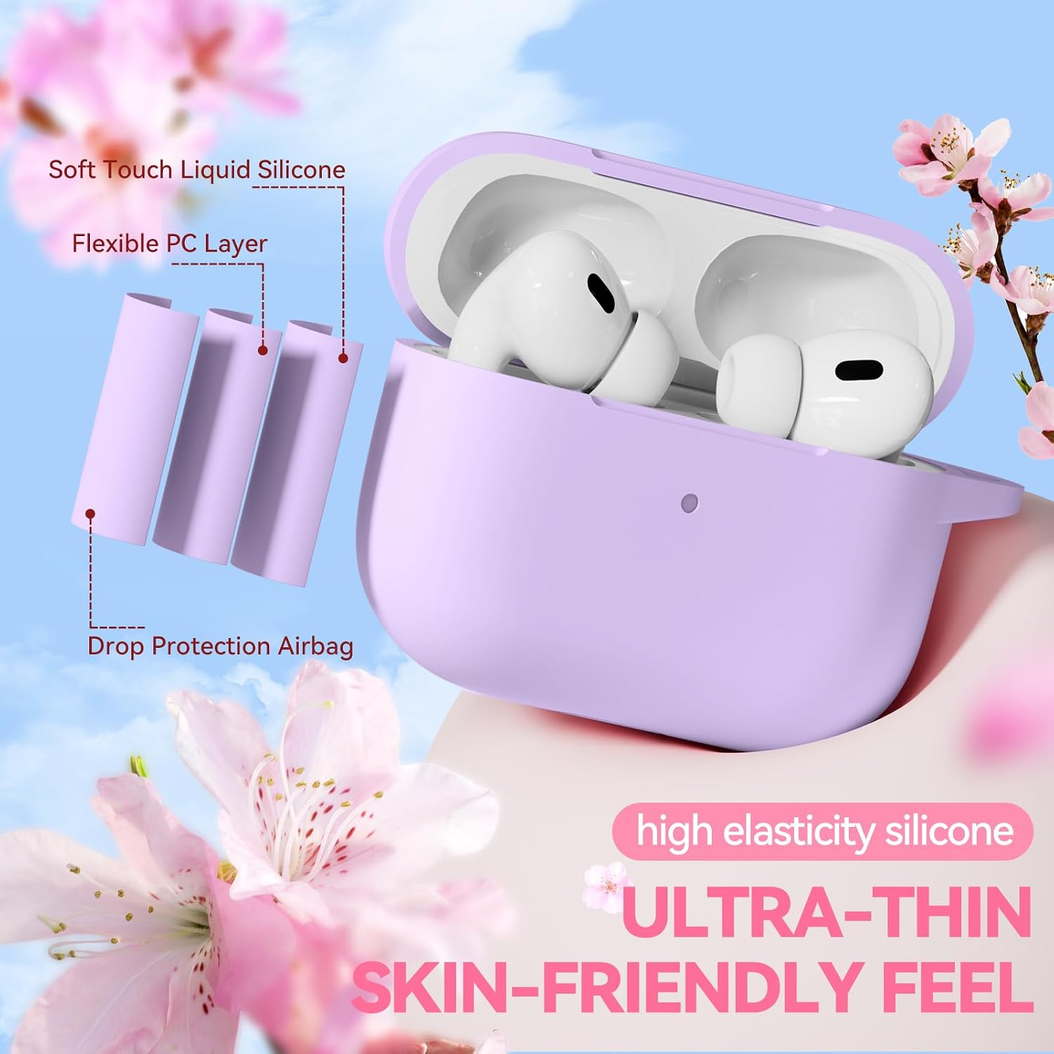 for AirPods Pro 2 Case, TNSNK Soft Silicone Case Cover with Cleaner & Keychain for Women Girly, Shock Protective Cover Compatible with Airpods Pro 2nd/1st Gen (Light Purple, for Airpods Pro 1st/2nd)