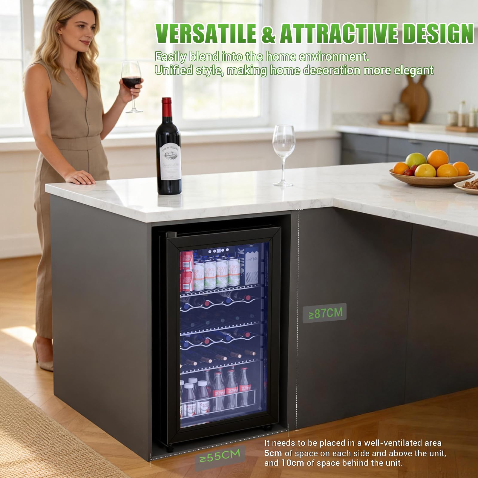 Getränkekühlschrank 65L – Mini Kühlschrank mit Glastür für 92 Dosen, freistehend, 43 dB leise, LED, Bierkühler für Büro, Zimmer & Bar, Schwarz