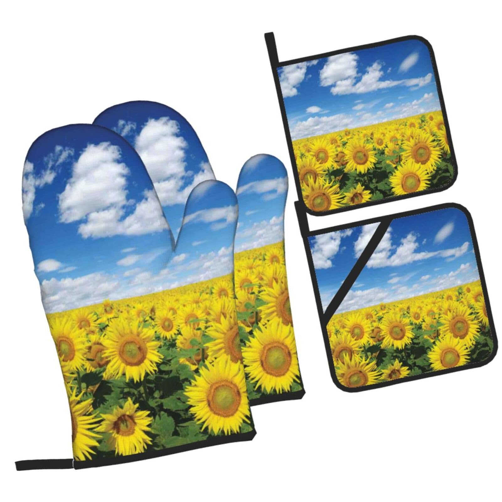 Sunflowers Sunset Sunlight Landscape Printed Oven Mitts and Pot Holders Heat Resistant Set of 4 Pcs, Modern Kitchen Gloves & Potholders for Cooking Baking Grilling