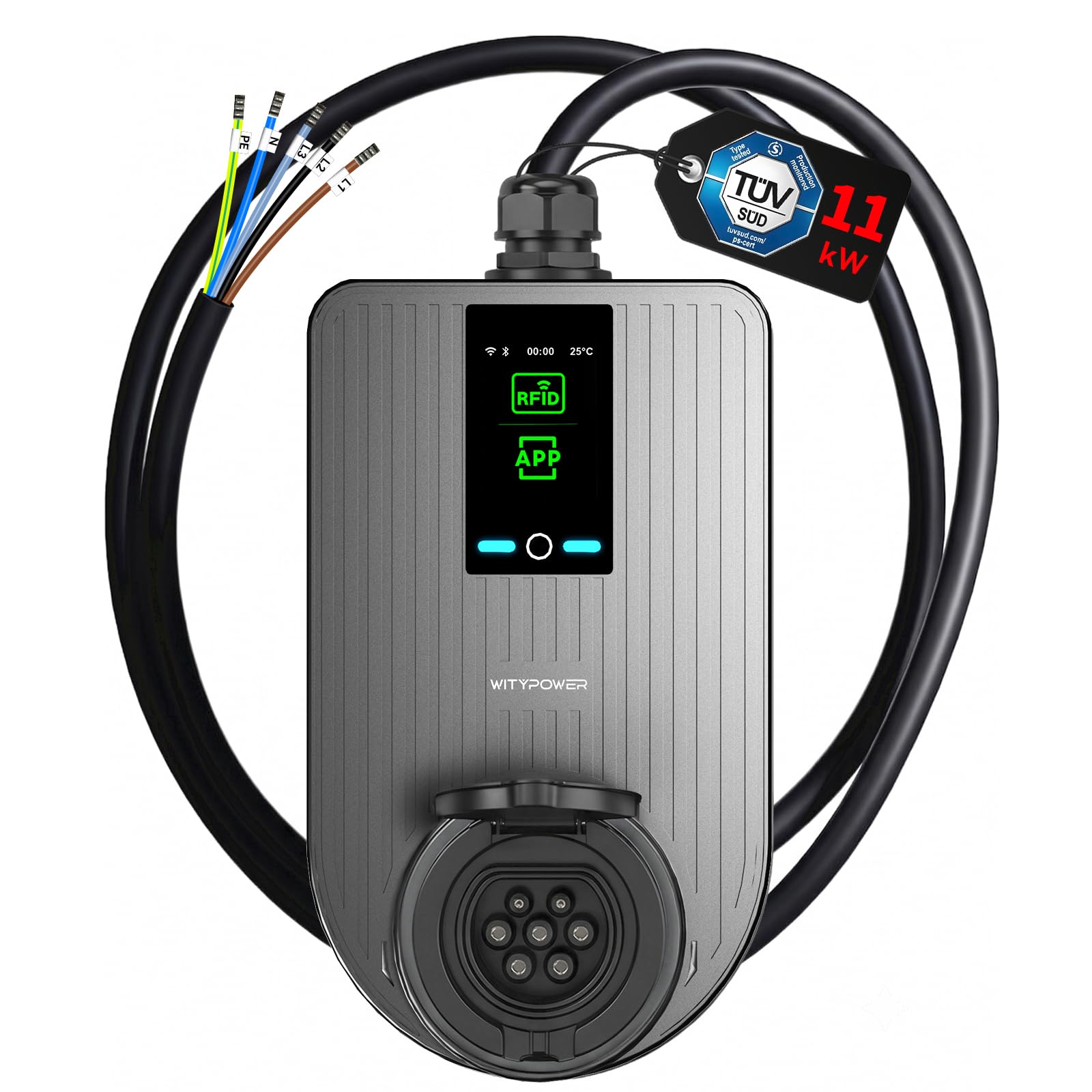 Wallbox 11kW mit APP & RFID 1,7m Anschlusskabel und Typ 2 Socket
