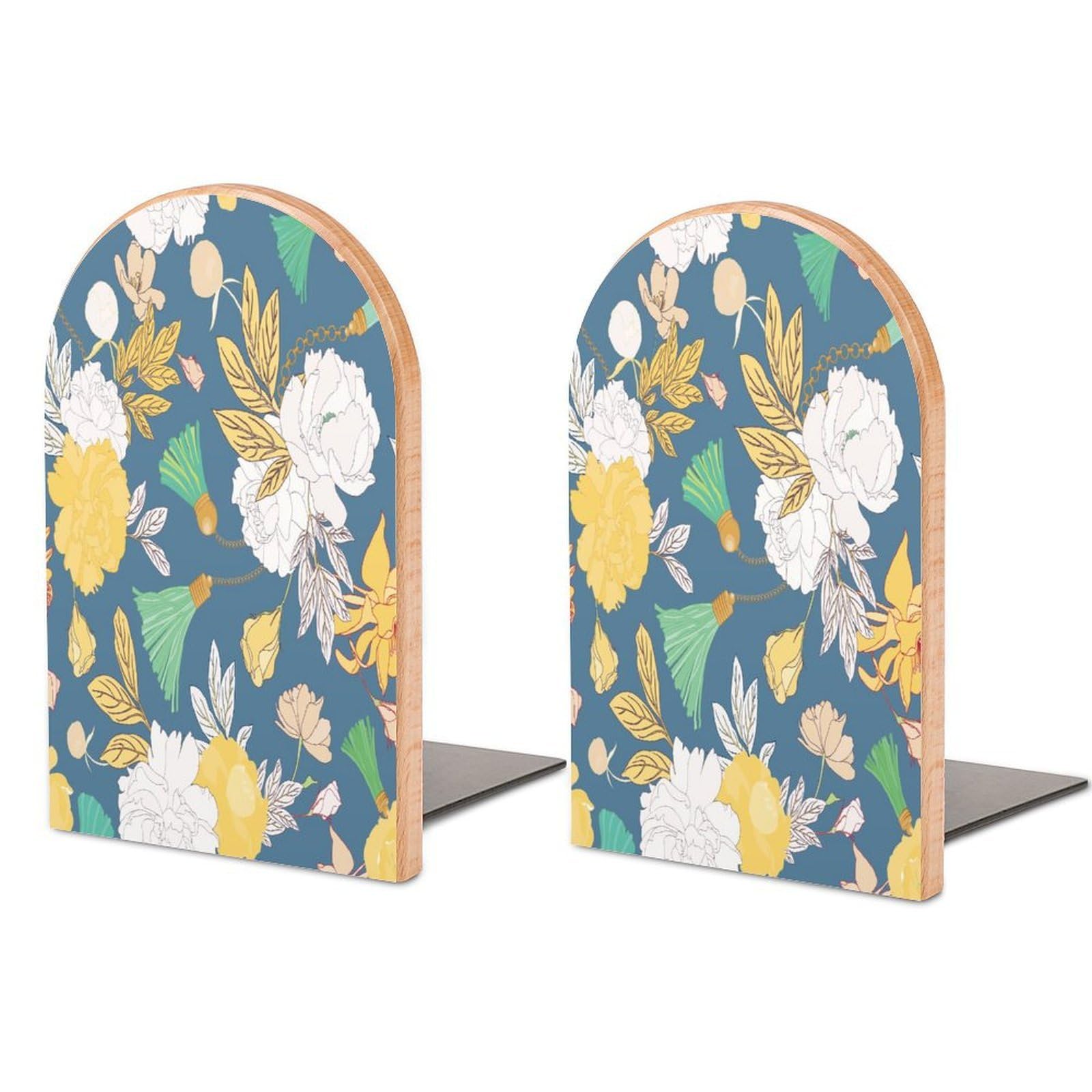 Seamless Tropical Background with Flower Beech Wood Bookends Heavy Duty Book Organizers Desktop File Holder for Office Home Bookshelf