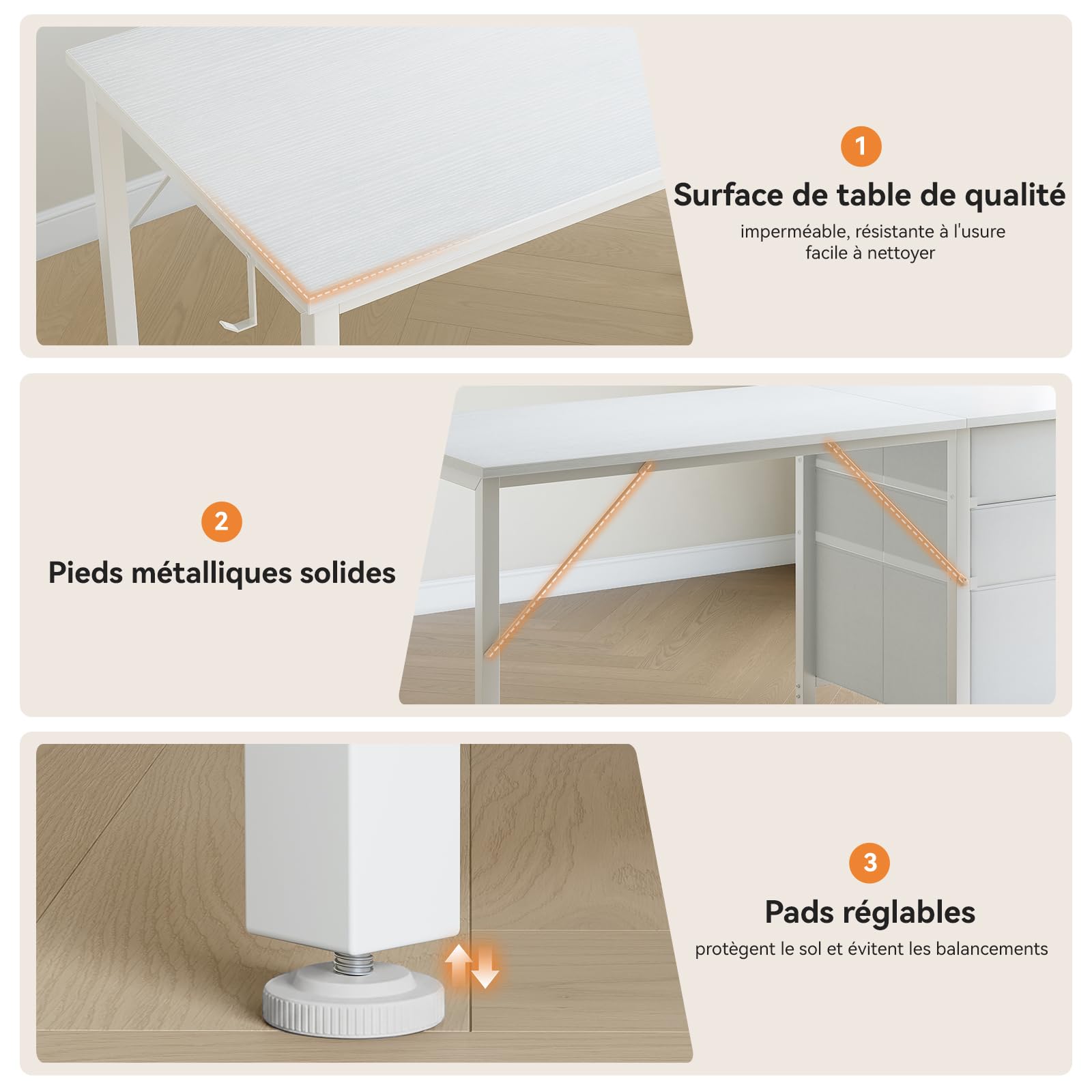 Coleshome Bureau avec 3 Tiroirs en Tissu, 120x48cm Bureaux Informatique avec Porte-Casque, Blanc Bureau D'ordinateur Réversible pour Petit Bureaux à Domicile