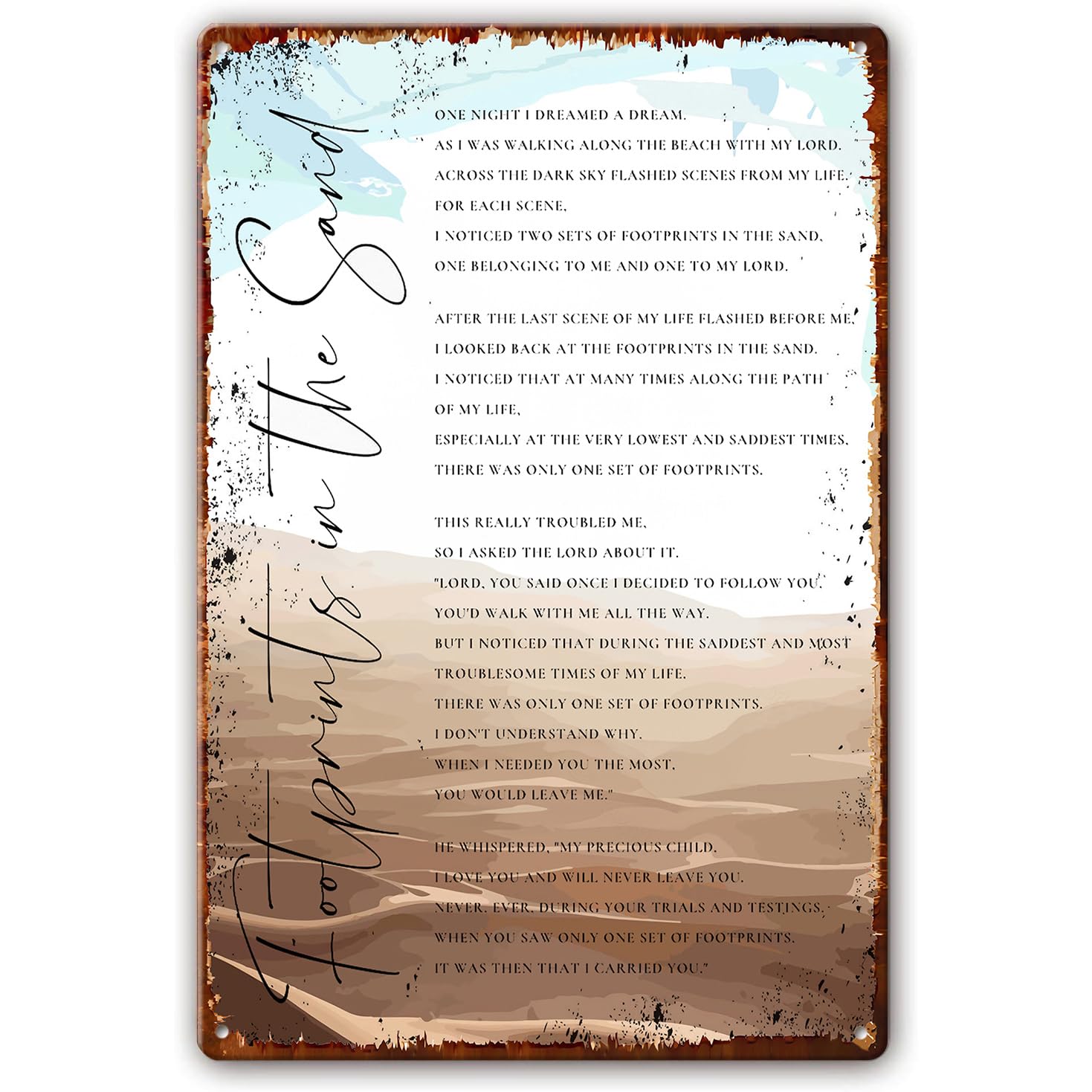 Preeklen Tin Sign 027 Footprints In The Sand Poem Wall Art Christian Wall Art Metal Sign Inspirational Scripture Prayer Poster For Christian Home Decor Living Room For Bedroom 12X16 Inch