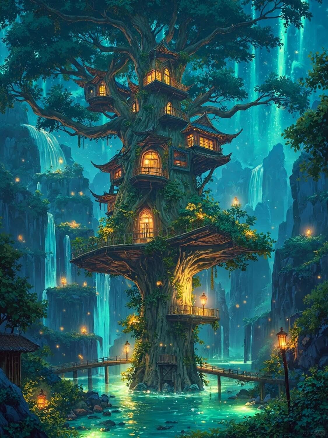 Rqwybcaxn Stamped Beaded Cross Stitch Kits Anime Treehouse 40x50cm