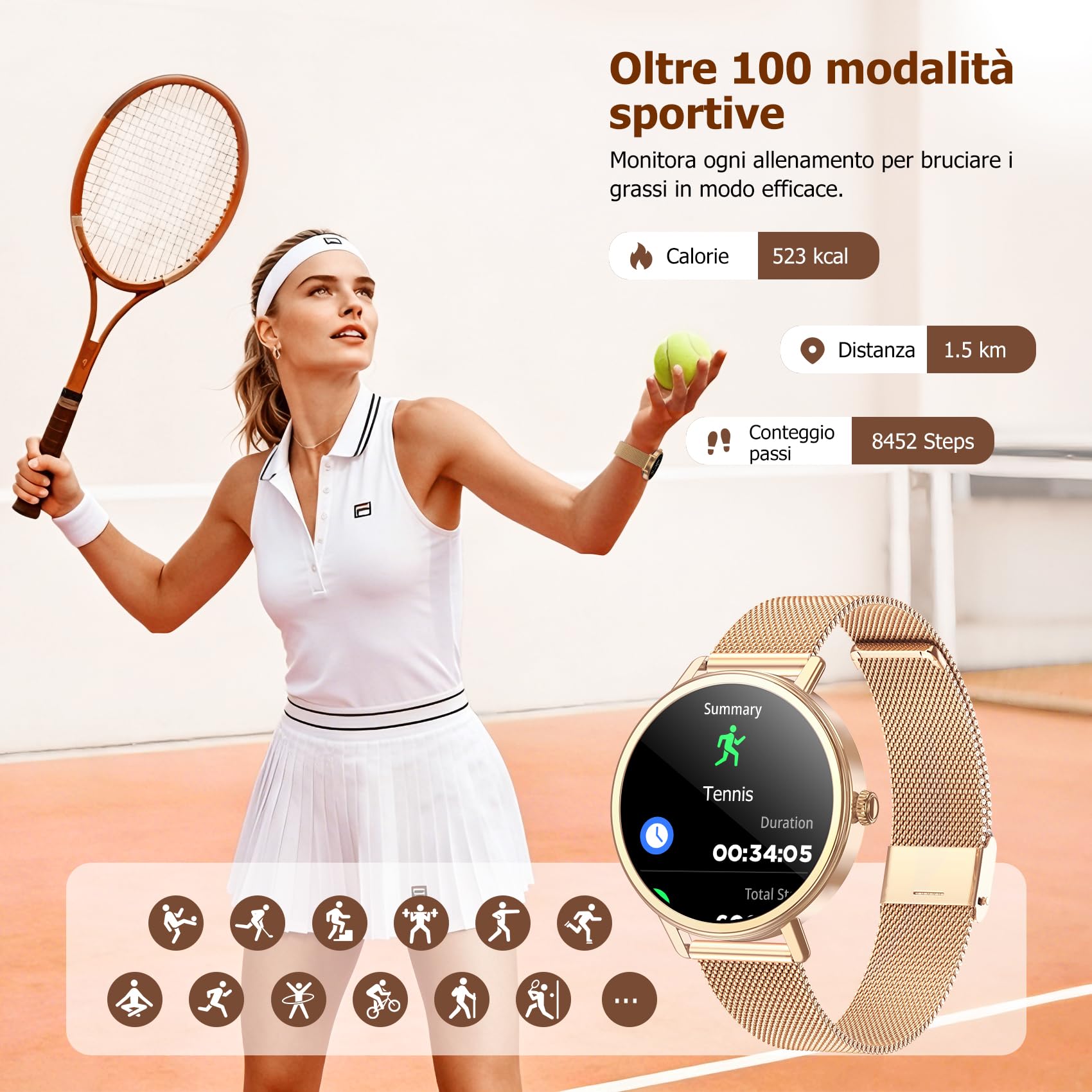 IOWODO Smartwatch Donna Elegante 1.26" con Cinturino Milanese, Ultra Leggero 62g, Chiamate Bluetooth, Salute Femminile, Assistente Vocale AI, IP68, 100+ Modalità Sportive, Compatibile Android e iOS