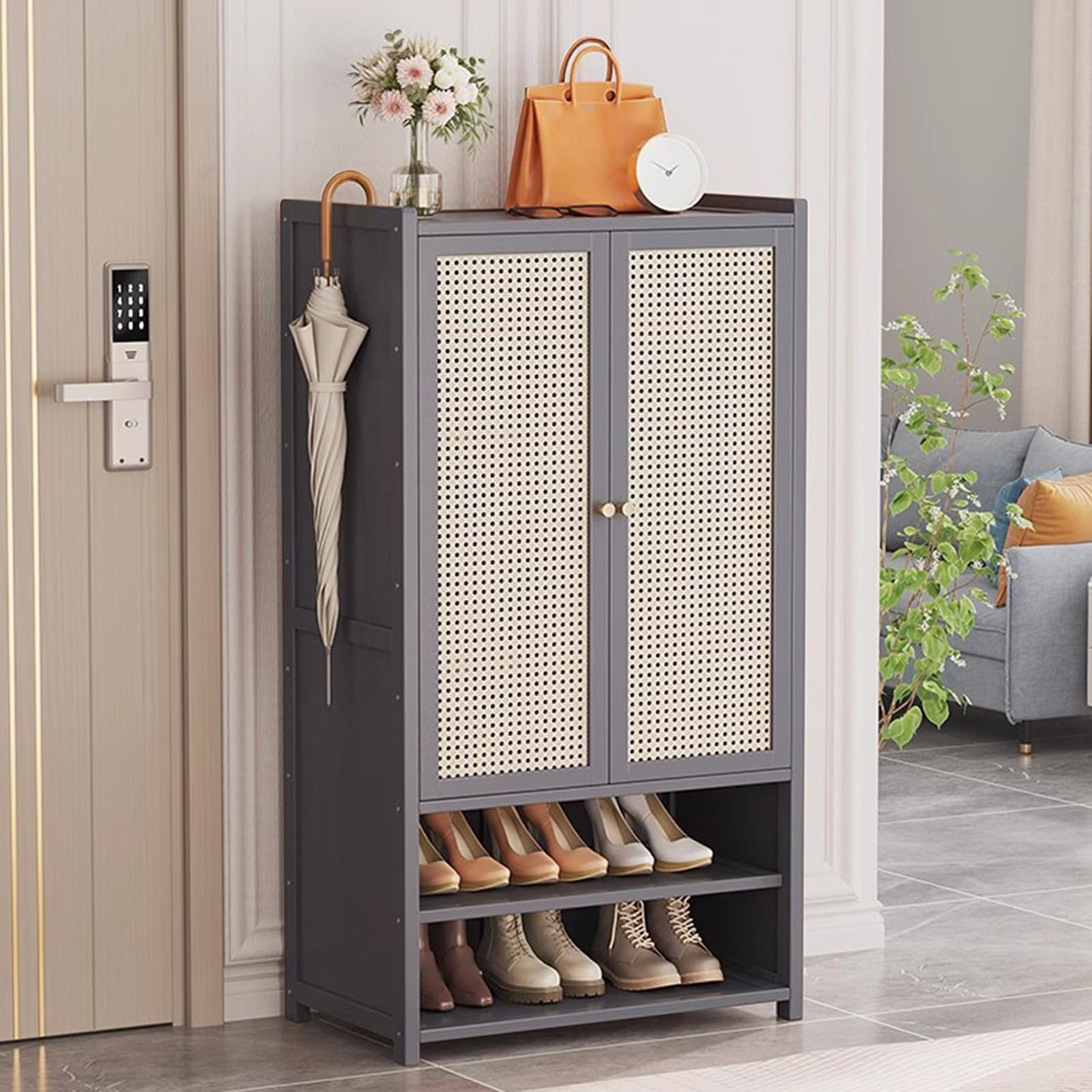 Zapatero de ratán duradero mueble de almacenamiento minimalista con puertas elegantes