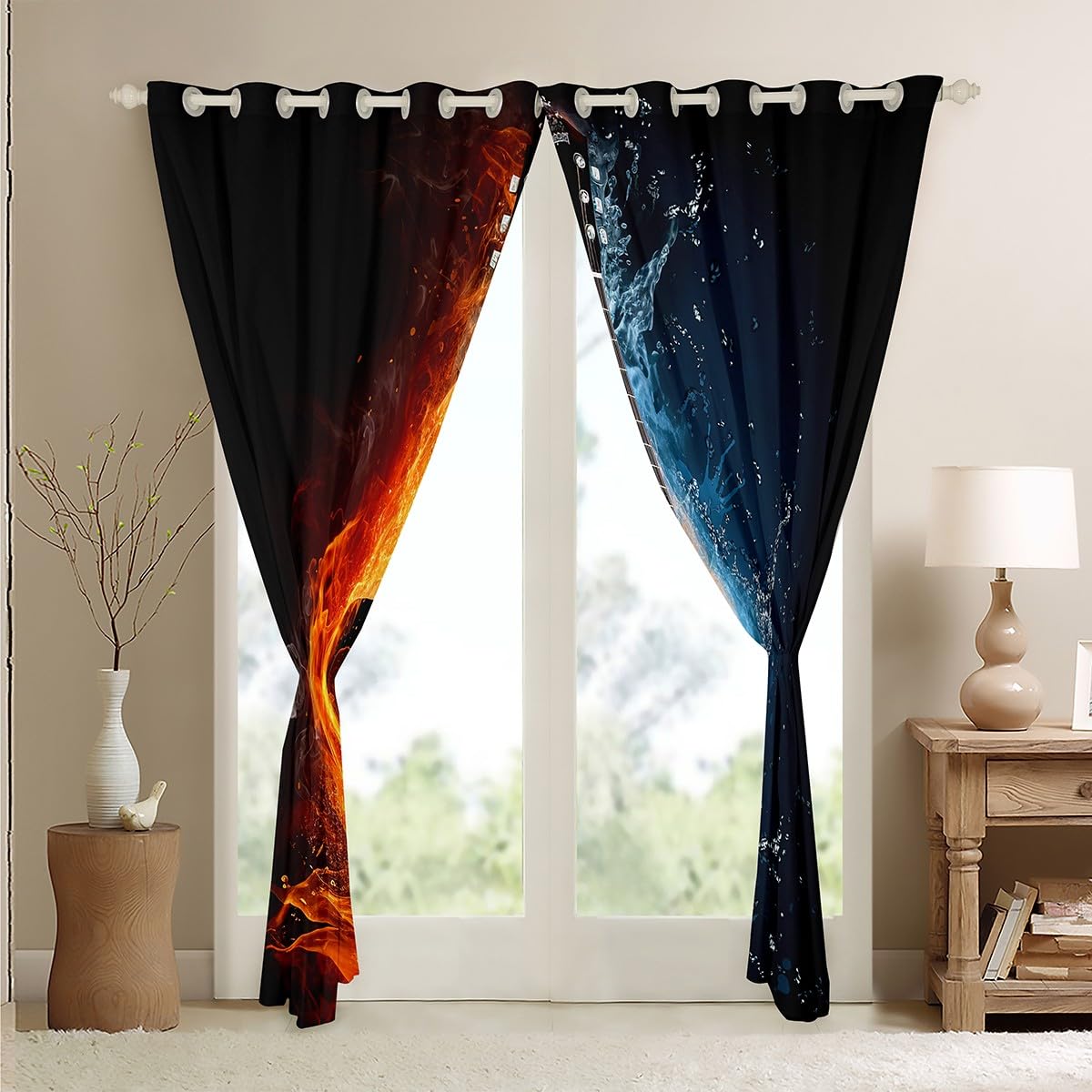 Loussiesd Guitar Curtains Fire Water Guitar Window Curtains for Bedroom Living Room Decor Rock Music Themed Window Drapes for Kids Boys Girls Musical Instrument W46*L72 - Image 4