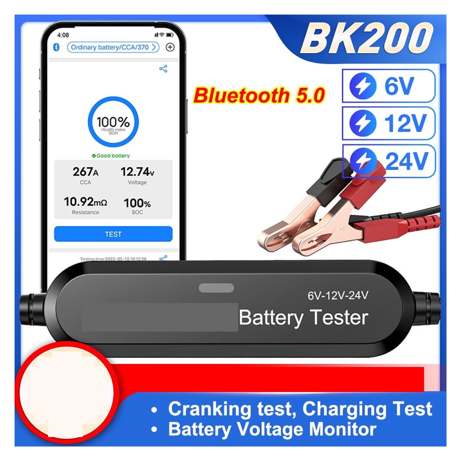 Probador De Batería De Motocicleta De Coche Bluetooth 5,0 Monitor De Batería De 6V 12V 100-2000 CCA Herramientas De Prueba De Arranque De Carga (Size : BK100 6V 12V)