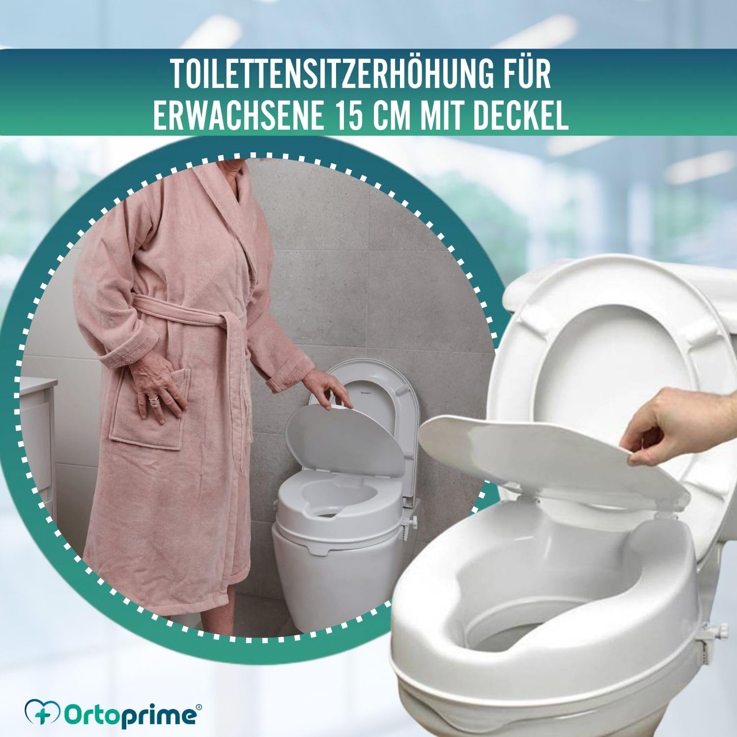 OrtoPrime WC Aufsatz 15 cm mit Deckel Toilettensitzerhöhung Universal für Senioren – Erhöhter Toilettensitz Orthopädisch – Sitzerhöhung WC für Behinderte und Menschen mit eingeschränkter