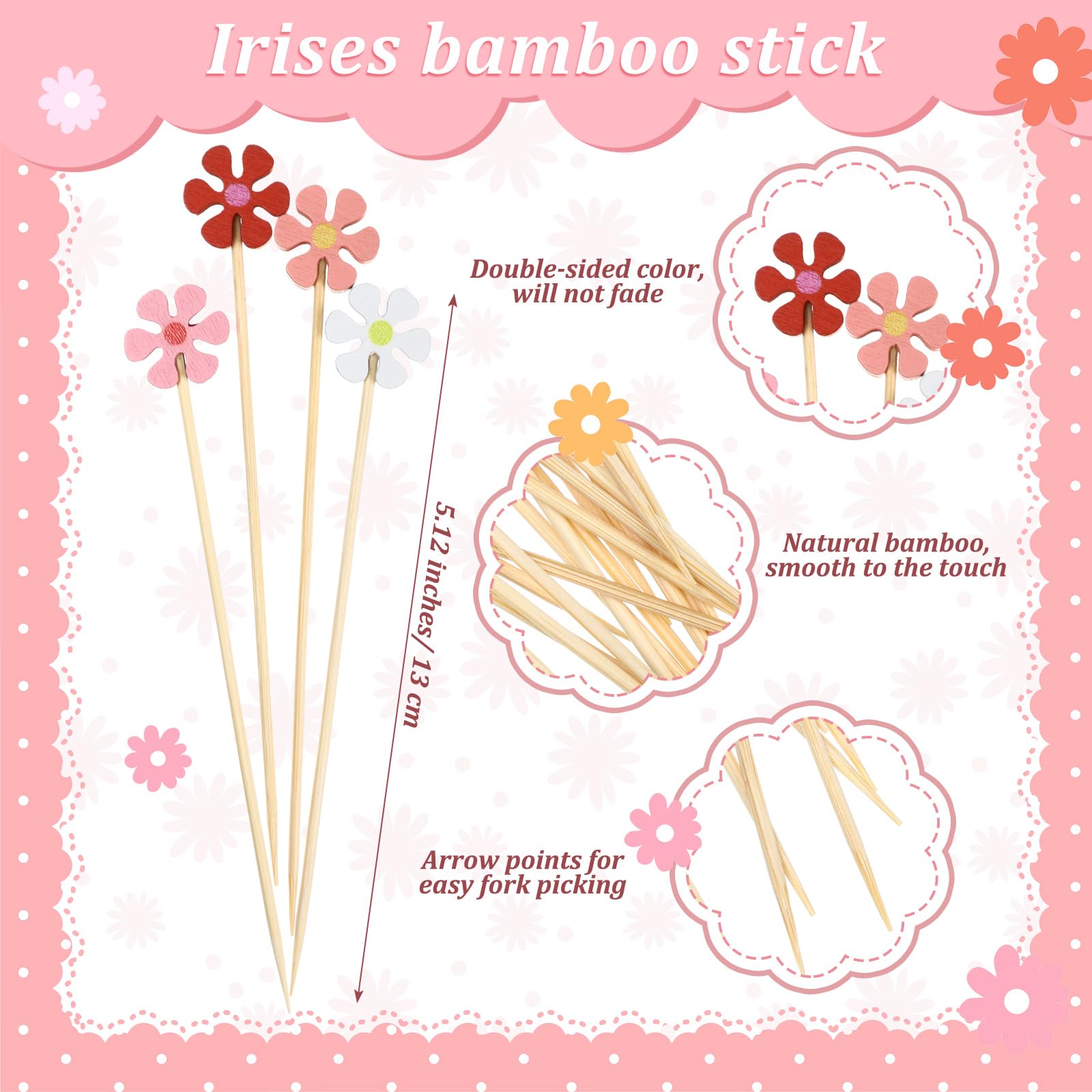 400 Pcs Summer Spring Daisy Cocktail Picks Flower Bamboo Toothpicks Bulk Daisy Long Cocktail Skewers for Spring Summer Appetizers Drinks Decoration Food Fruit Sticks Party Supplies