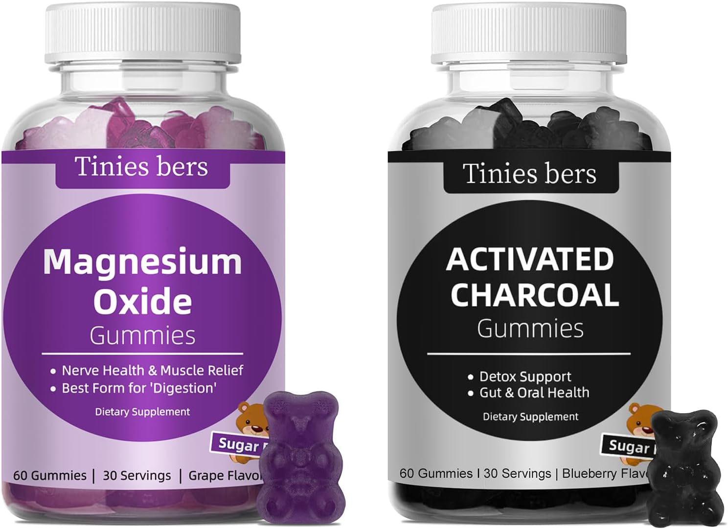 Tinies bers Activated Charcoal Gummies 400mg, Magnesium Oxide Gummies 500mg Sugar Free for Adults & Kids, Quicker to Cleanse, Detox, Gas Relief, Gut & Oral Health, Best Mg Form for ‘Digestion’