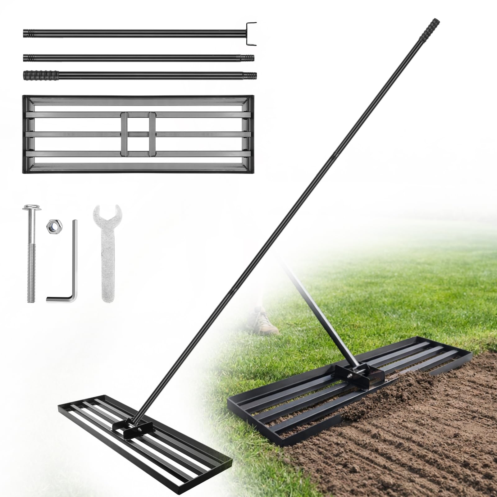 75x25cm Râteau de Nivellement de Pelouse, Outil de Jardinage avec Manche Réglable 213cm, Large Râteau Niveleur Professionnel en Acier pour Terrain de Golf, Jardin et Arrière-Cour