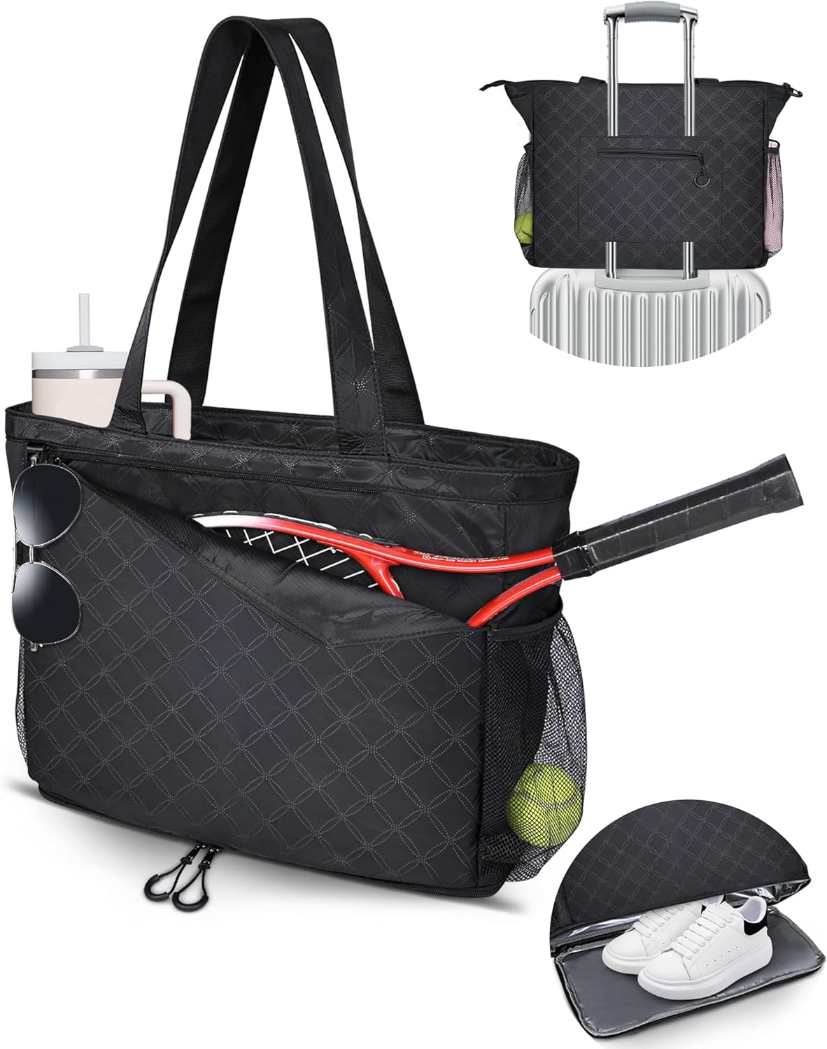 Roomy Tennis Tote Bag for Women with Water-Proof Compartment, Lightweight Stylish Comfortable to Carry, Pickleball Bag for Tennis Court, Gym, Travel 17.7"x7"x14.6"