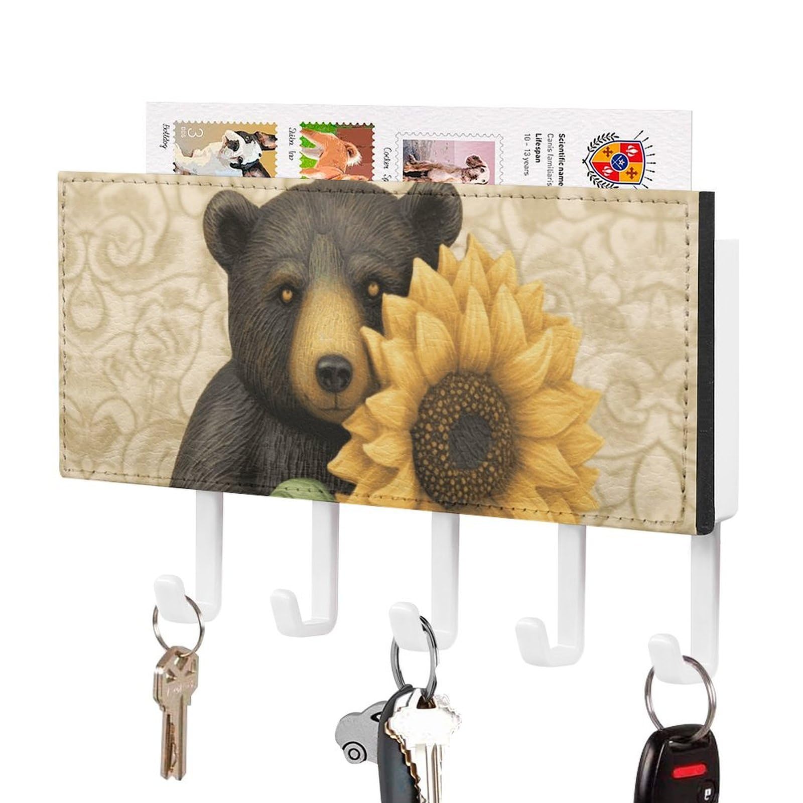 DWVTSLH Sunflower and Bear Key Holder for Wall, Decorative Key Hooks with Mail Organizer & 5 Hooks, Self Adhesive Leather Key Hanger for Entryway, Wall Mounted Key Rack (7.1” X 4.3” X 0.9”)