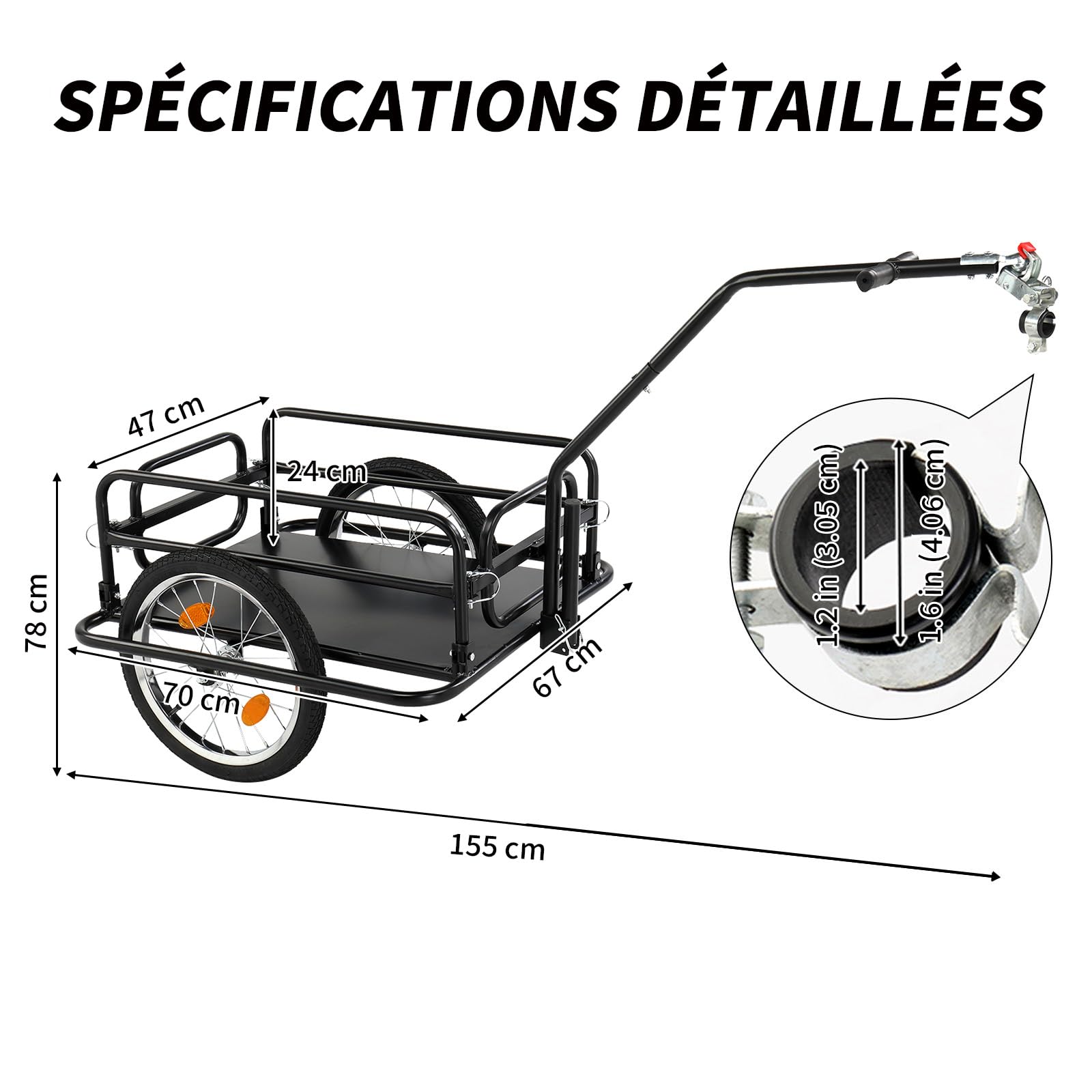 LEADZM Remorque Vélo Pliable, Remorque Cargo avec Attelage Universel, Remorque de Transport avec Pneus Pneumatiques 16 Pouces, Réflecteurs de Sécurité, 60 kg, 155 x 67 x 78 cm