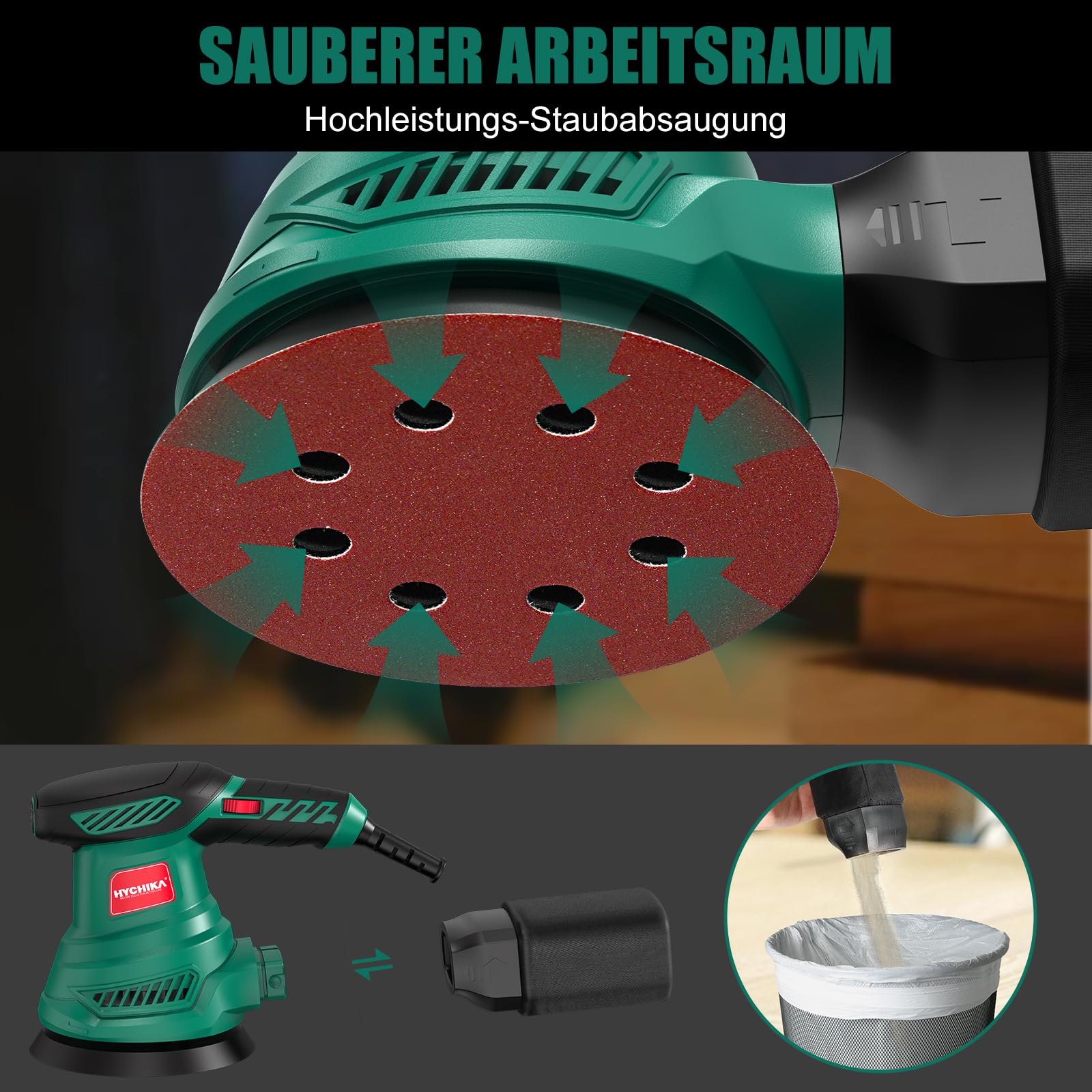 HYCHIKA Exzenterschleifer, 300W Schleifmaschine mit Absaugung für Holz, 6 Geschwindigkeiten 6000-13000 U/min, mit 12pcs Schleifpapier 125mm klett, Staubfangbehälter