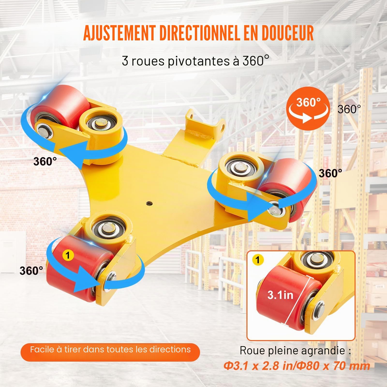 VEVOR Déménageur de Machines 3 T Chariot de Transport Charge Lourde Poignée Transporteur Équipements Industriels Acier au Carbone 3 Roues Pivotantes 360° PU Antidérapant pour Entrepôt Atelier Usine