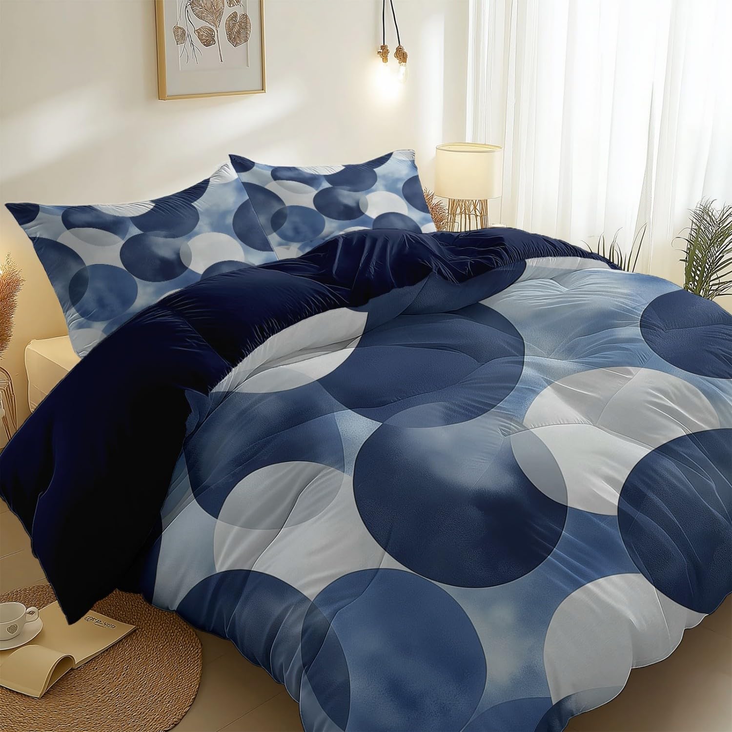 Marineblau Bettwäsche 155x220 cm 3tlg, Schlafzimmer Deko Bettbezug und 2 Kissenbezug 80x80 cm, Zeitgenössisch Abstrakt Geometrisch Kreise Deckenbezug mit Reißverschluss, Weich Mikrofaser