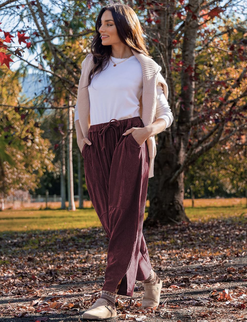 TARSE Womens Corduroy Harem Pants Casual Elastic Waist Wide Leg Pants Loose Fit Baggy Trousers with Pockets - Image 3