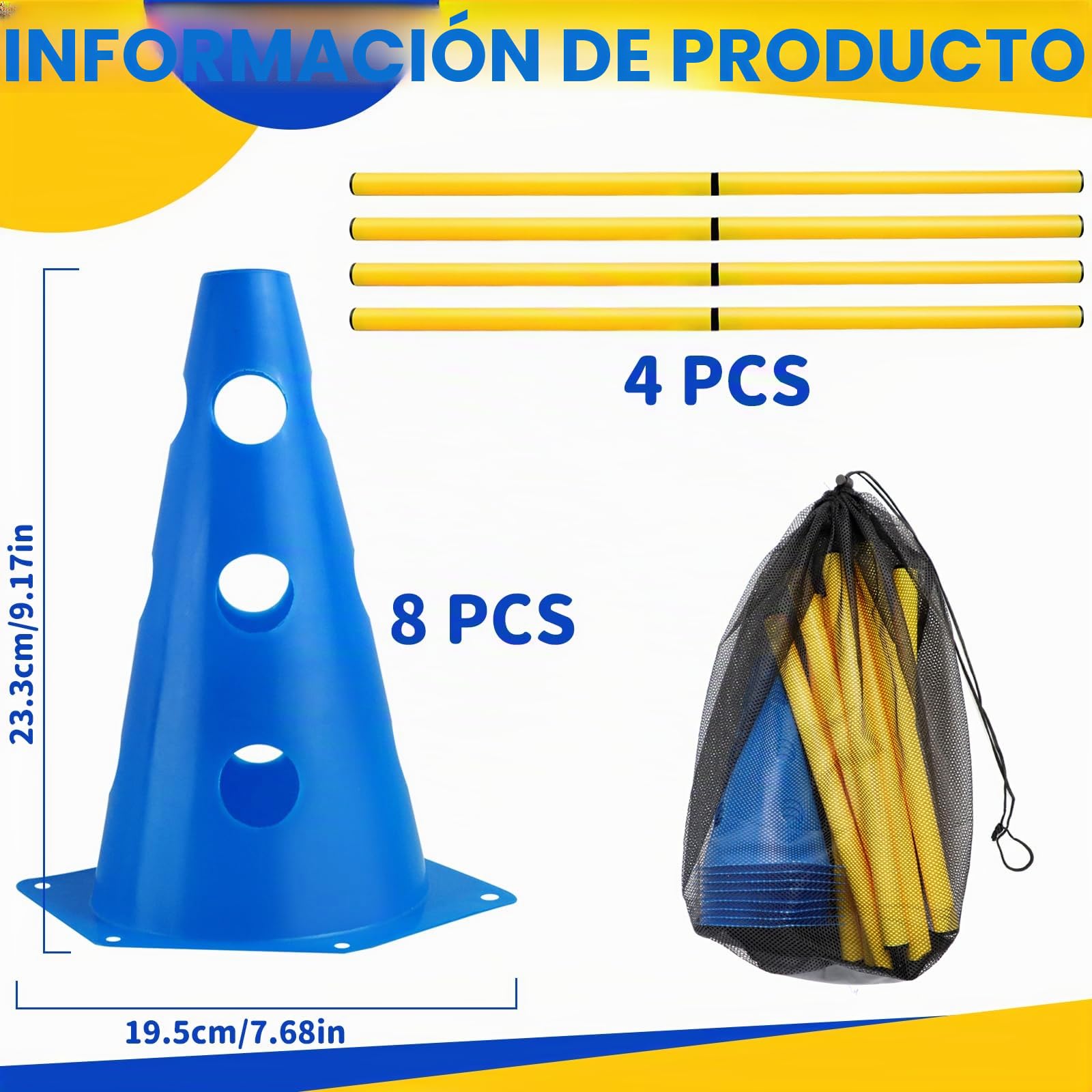 Agility Set, Perros Barreras Juego de Obstáculos Niños, Obstáculos para Agilidad con 8 Conos de 23cm de Altura + 8 Barras de 80cm de Largo, Juego de Obstaculos, para Entrenamiento de Animales y Fútbol