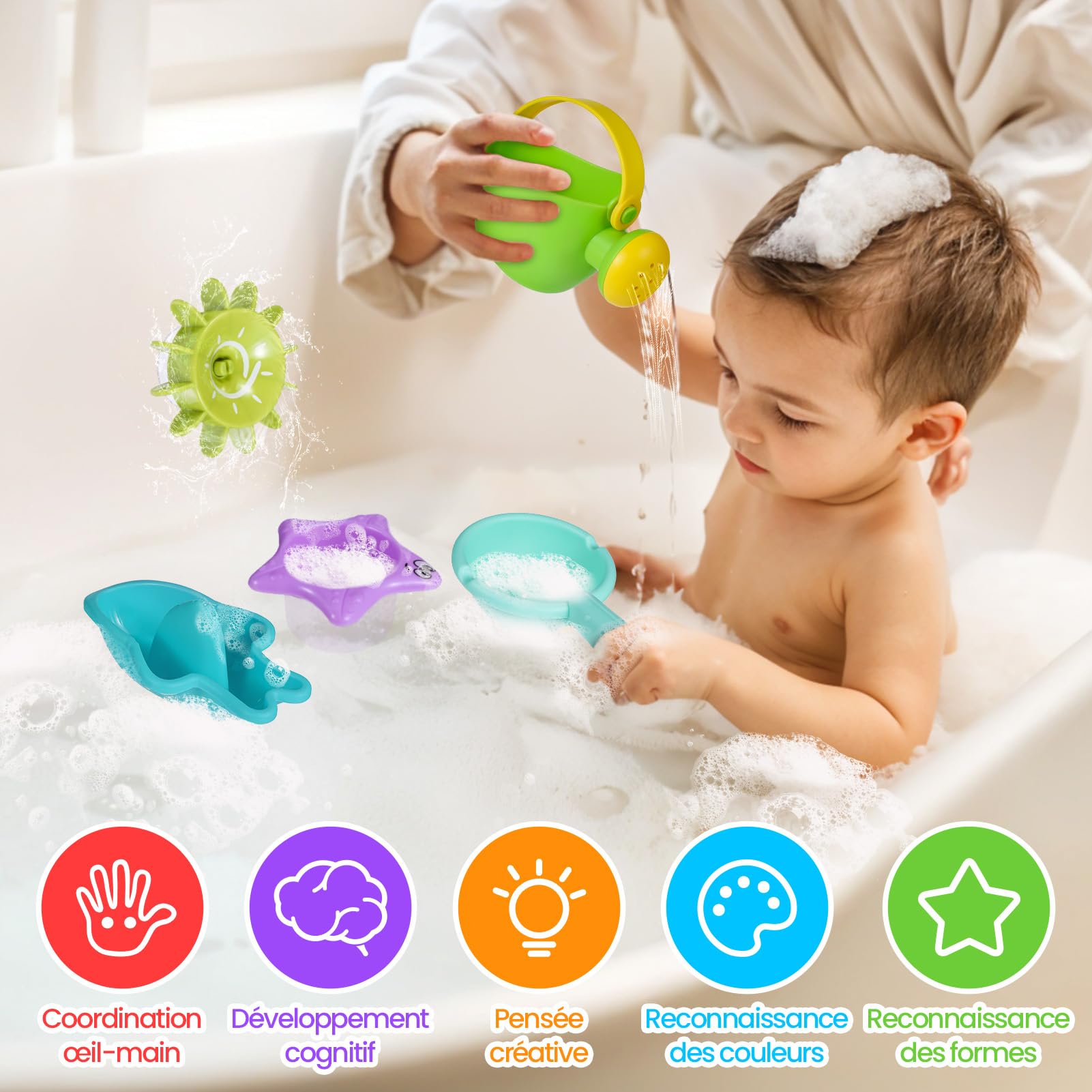 Jouet de Bain pour Bebe , Jeux Eau bébé Jeu de Bain Enfant Jouet Piscine , sans moisissures arrosoir Tasses empilables Bateaux empilables 10 pièces