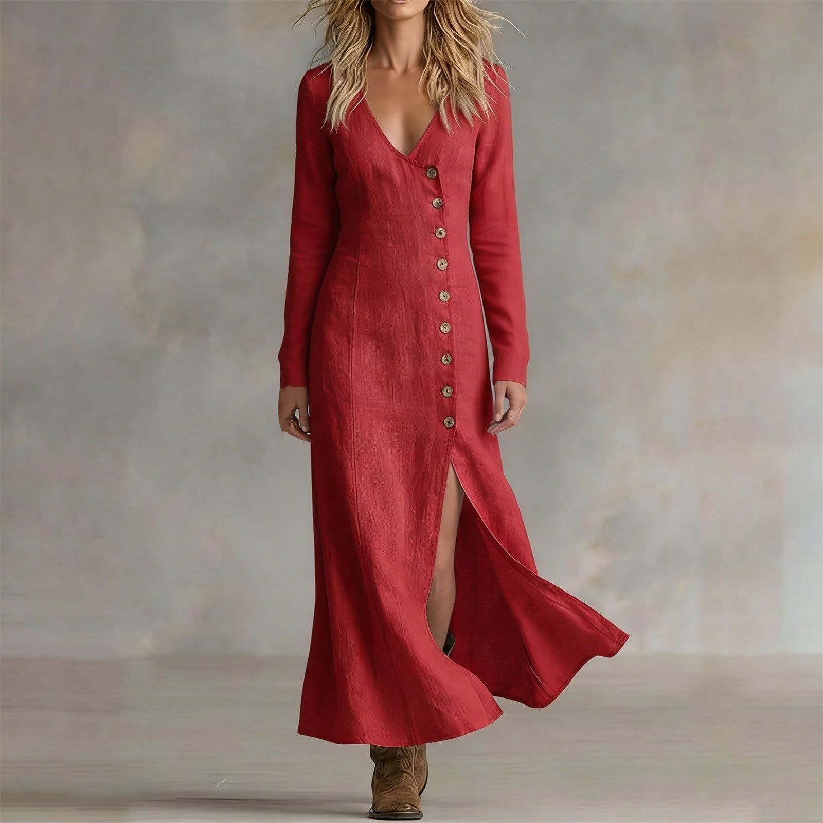 Abito in Lino Donna Abito da Donna in Cotone e Lino con Scollo a V, Bottoni, Maniche Lunghe, Ampio e svolazzante, Perfetto per L'Estate, Stile Boho, con Spacco Laterale, Vestito Estivo Elegante