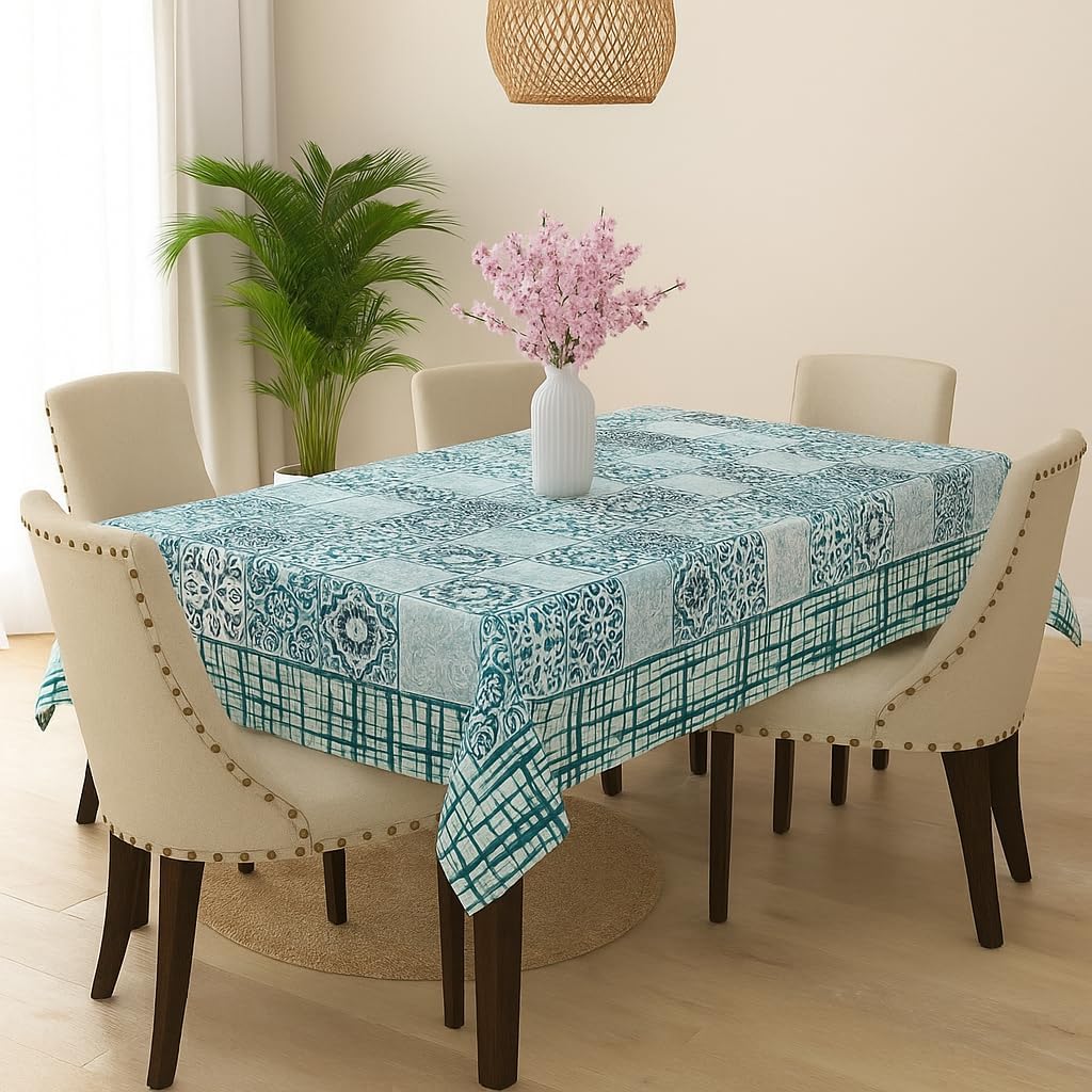 100% Cotton Dining Table Cover 6 Seater (60x90 Inch) Hand Block Printed Jaipuri Rectangular Tablecloth Washable for 4 & 6 Seater Ethnic Floral Turquoise Grid