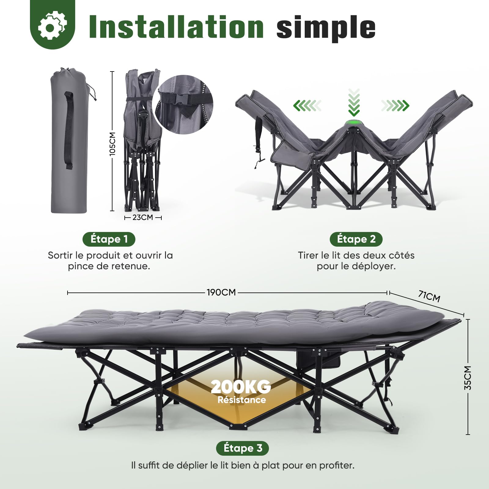 Sekey Lit de Camp Pliable XXL 190 x 71 x 35 cm surdimensionné avec Matelas, Tubes en Acier renforcés et Tissu Oxford de qualité supérieure - Idéal comme lit d'invité pour Le Jardin et Le Camping