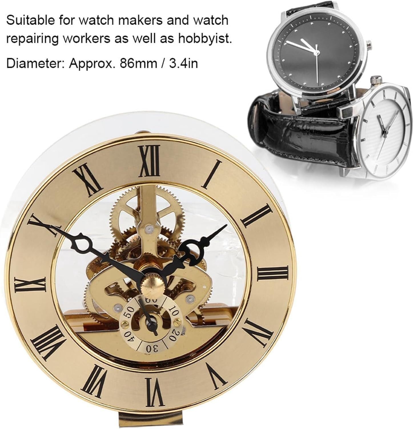 Inserto Orologio al Quarzo 86 mm con Numeri Romani e Lente Trasparente | Testa orologio in metallo da 86 mm con quadrante romano nero, lente trasparente e guarnizione per ricambi e fai da te.