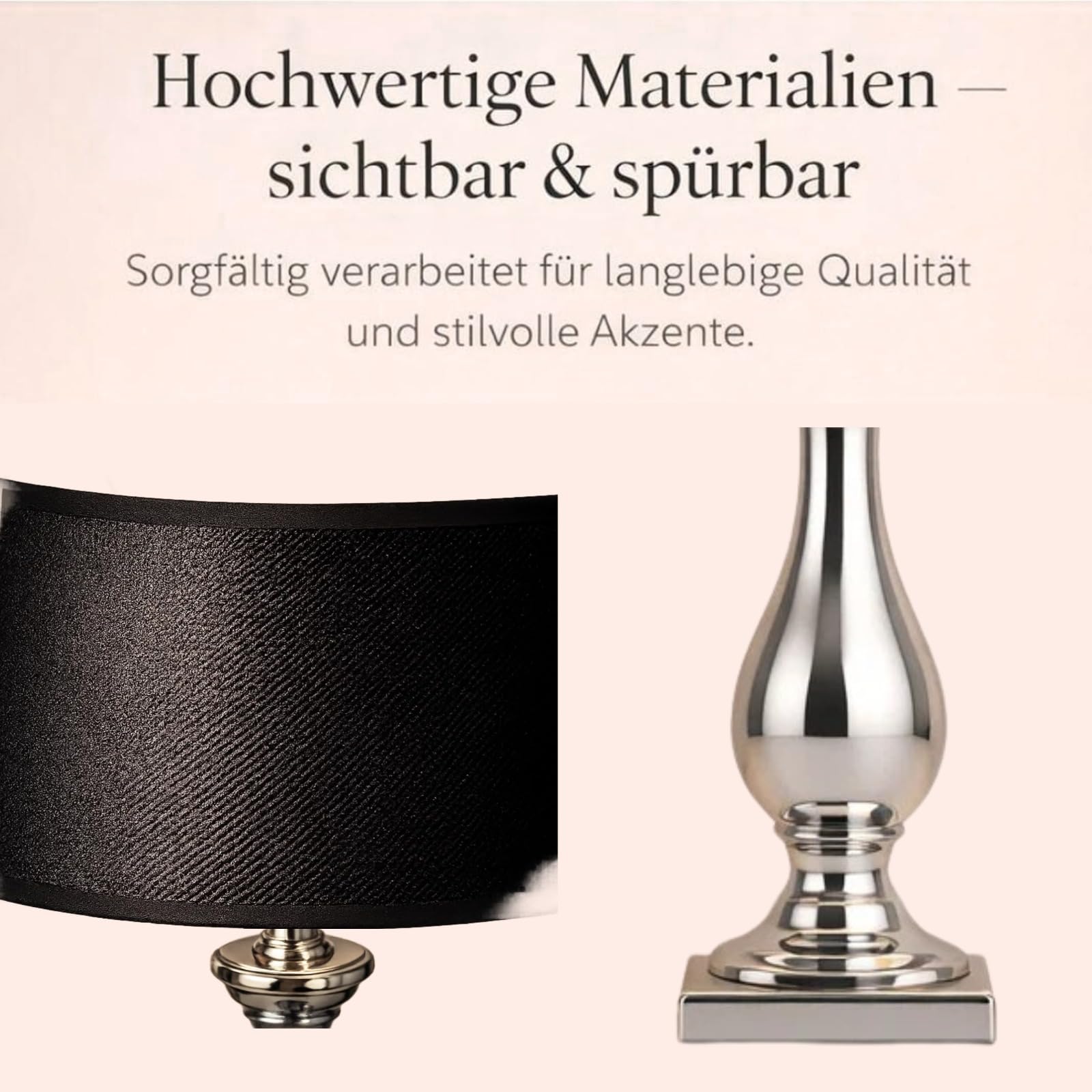DRULINE Lovely Tischlampe 60 cm Tischleuchte Nachttischlampe mit Schwarzem Stoffschirm & Silbernem Keramikfuß mit Kabelschalter für Schlafzimmer, Wohnzimmer, Büro Dekolampe E27, Leselampe