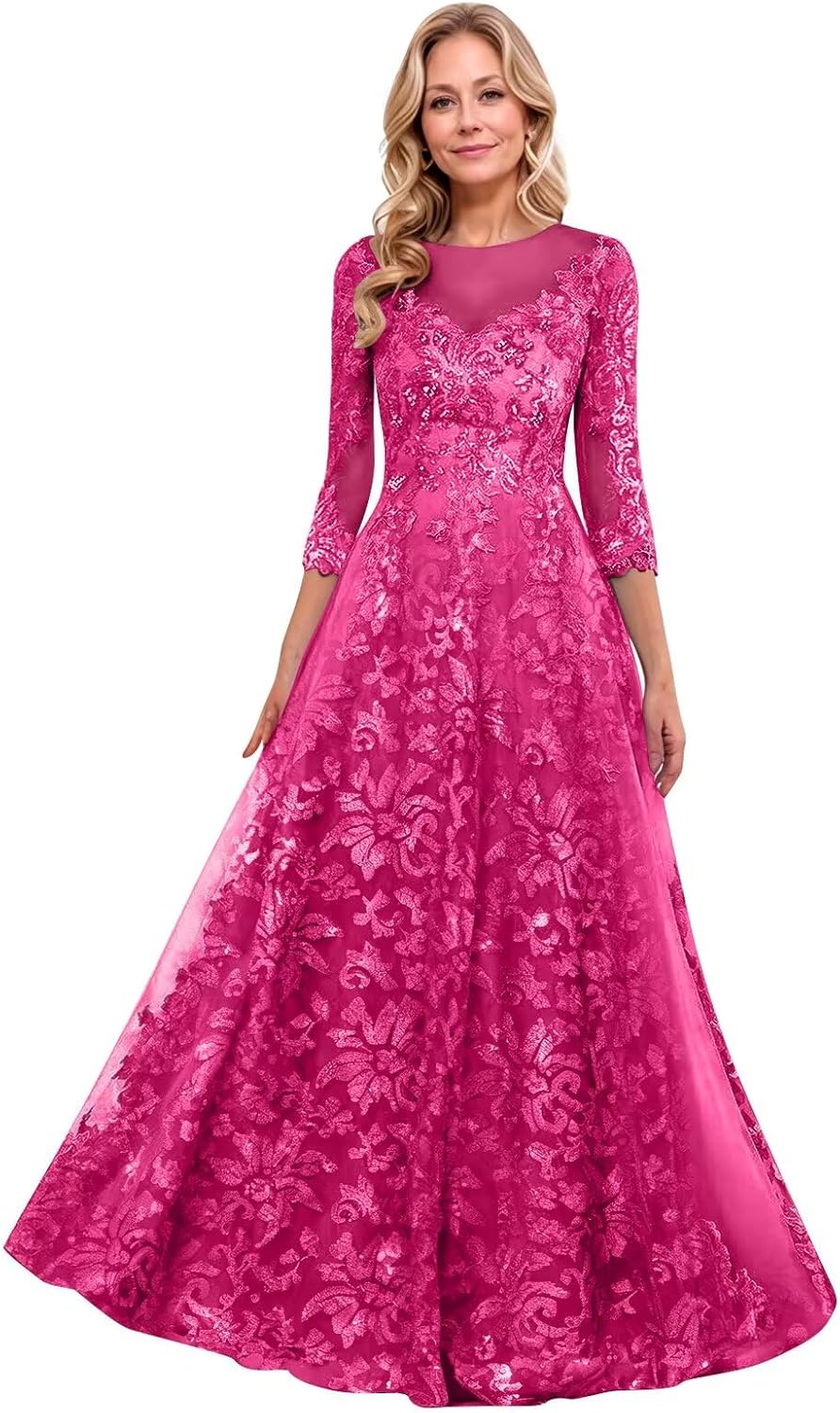 Sequin Mother of The Bride Dresses for Women Long Sleeves Prom Dress Scoop Neck Formal Evening Gown