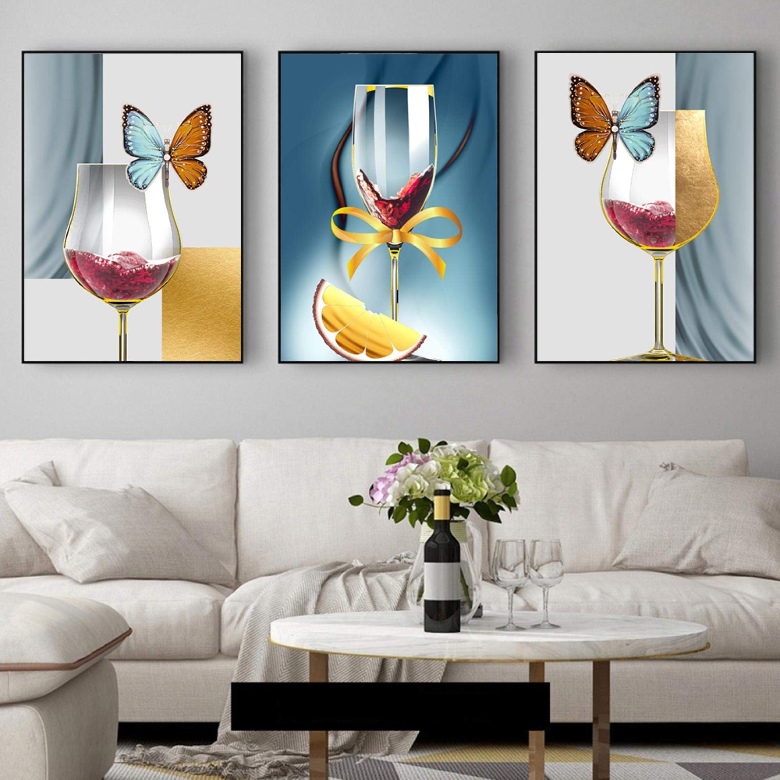Cuadros abstractos para pared, diseño de mariposas, copas de vino, carteles e impresiones en lienzo, cáliz para decoración de sala de estar, 50 x 70 cm, marco interior de 3