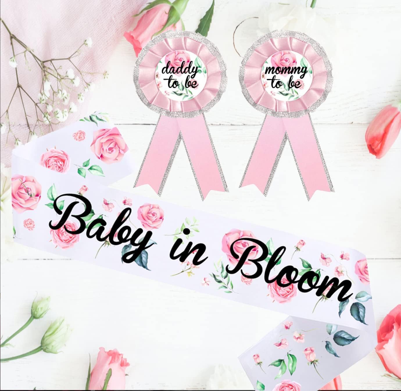 Woodland Creatures Baby Shower Sash Mom to Be & Daddy to Be Corsage Party Set Welcome Baby Decorations Woodland Animal Baby Shower Photography Gender Reveal Souvenir Supplies ( pink)