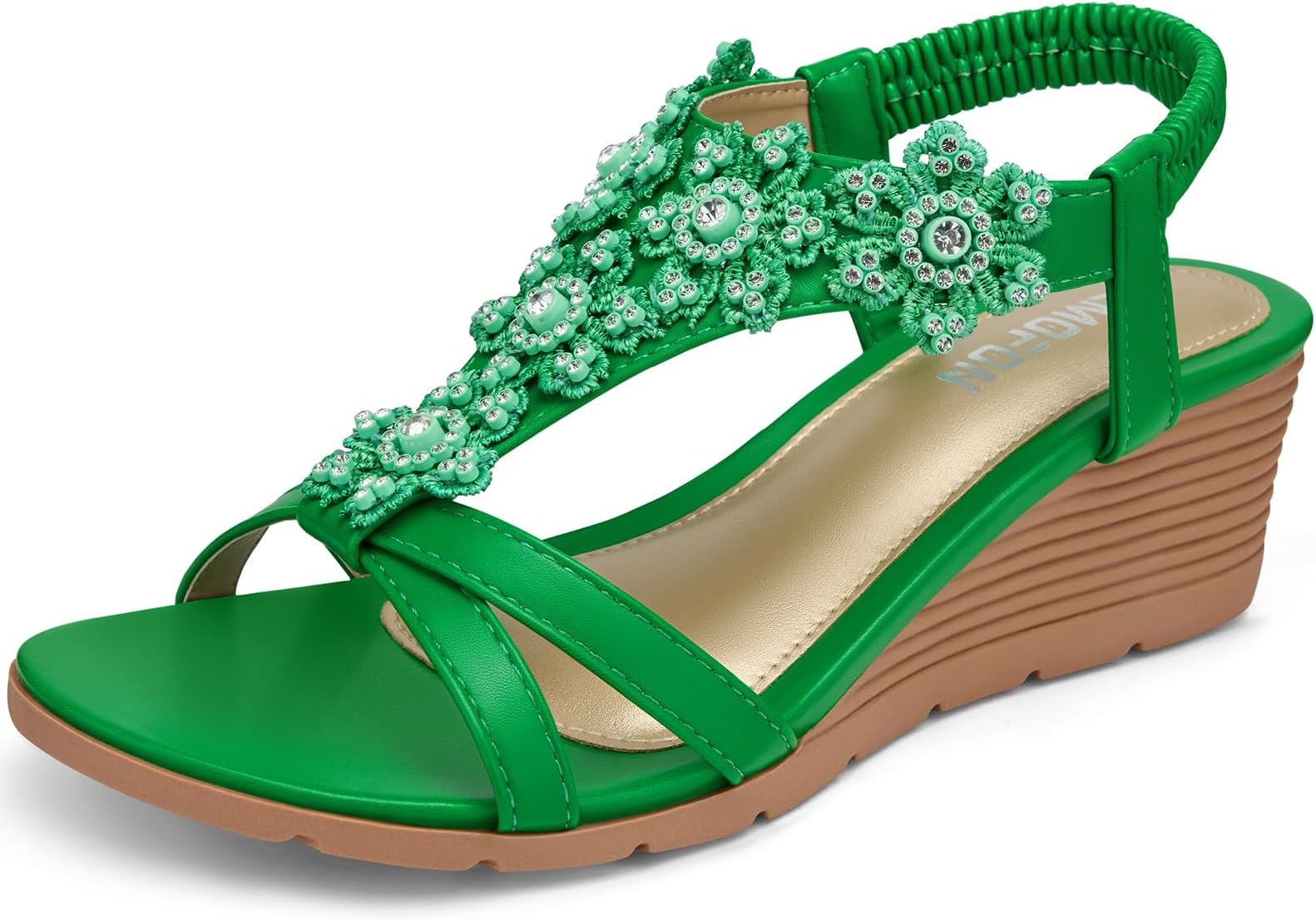 Womens Sandals Wedge Low: Summer Open Toe Wedges - Dressy Casual Elastic Ankle Strap Platform - Comfortable Rhinestone Flower Sandals