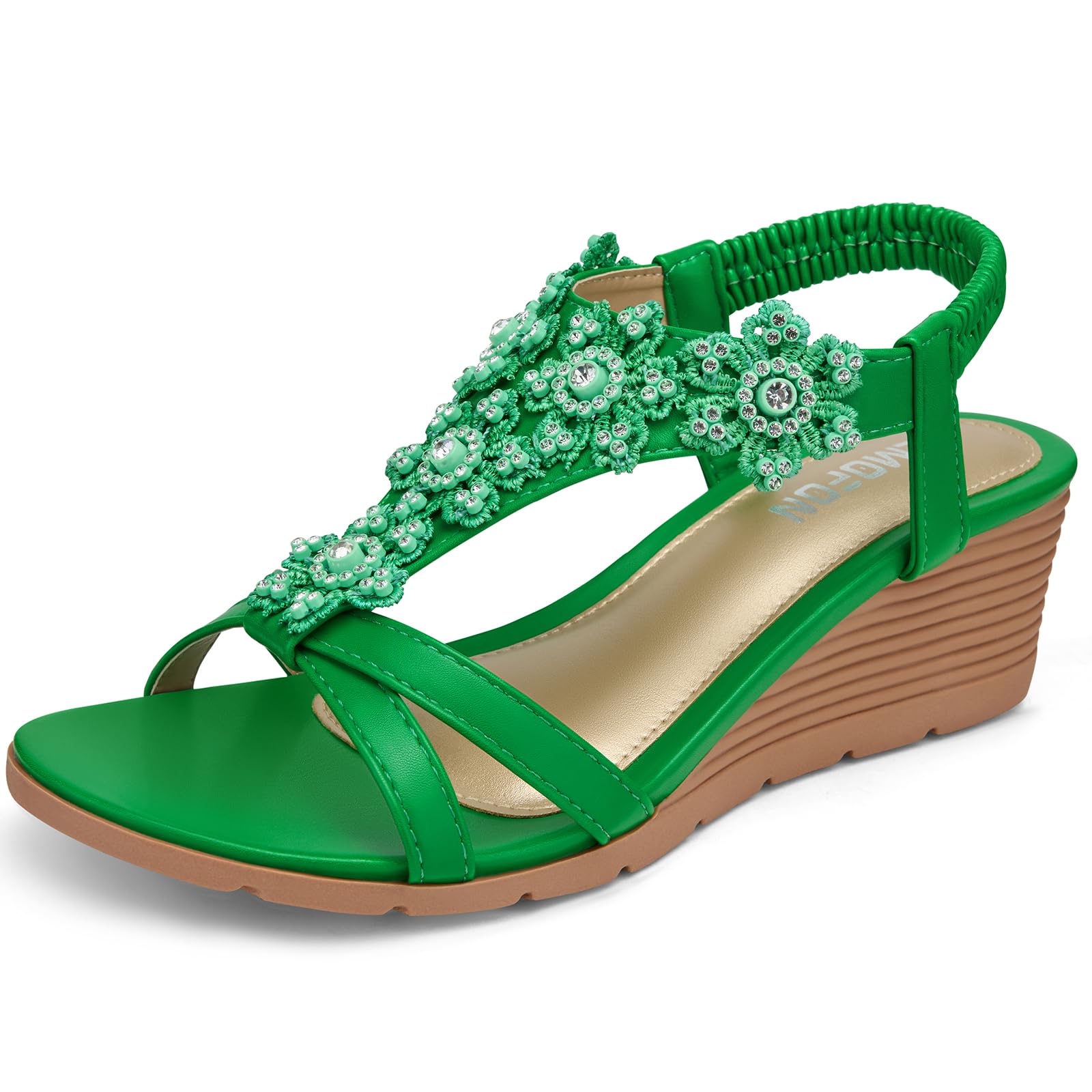 Womens Sandals Wedge Low: Summer Open Toe Wedges - Dressy Casual Elastic Ankle Strap Platform - Comfortable Rhinestone Flower Sandals
