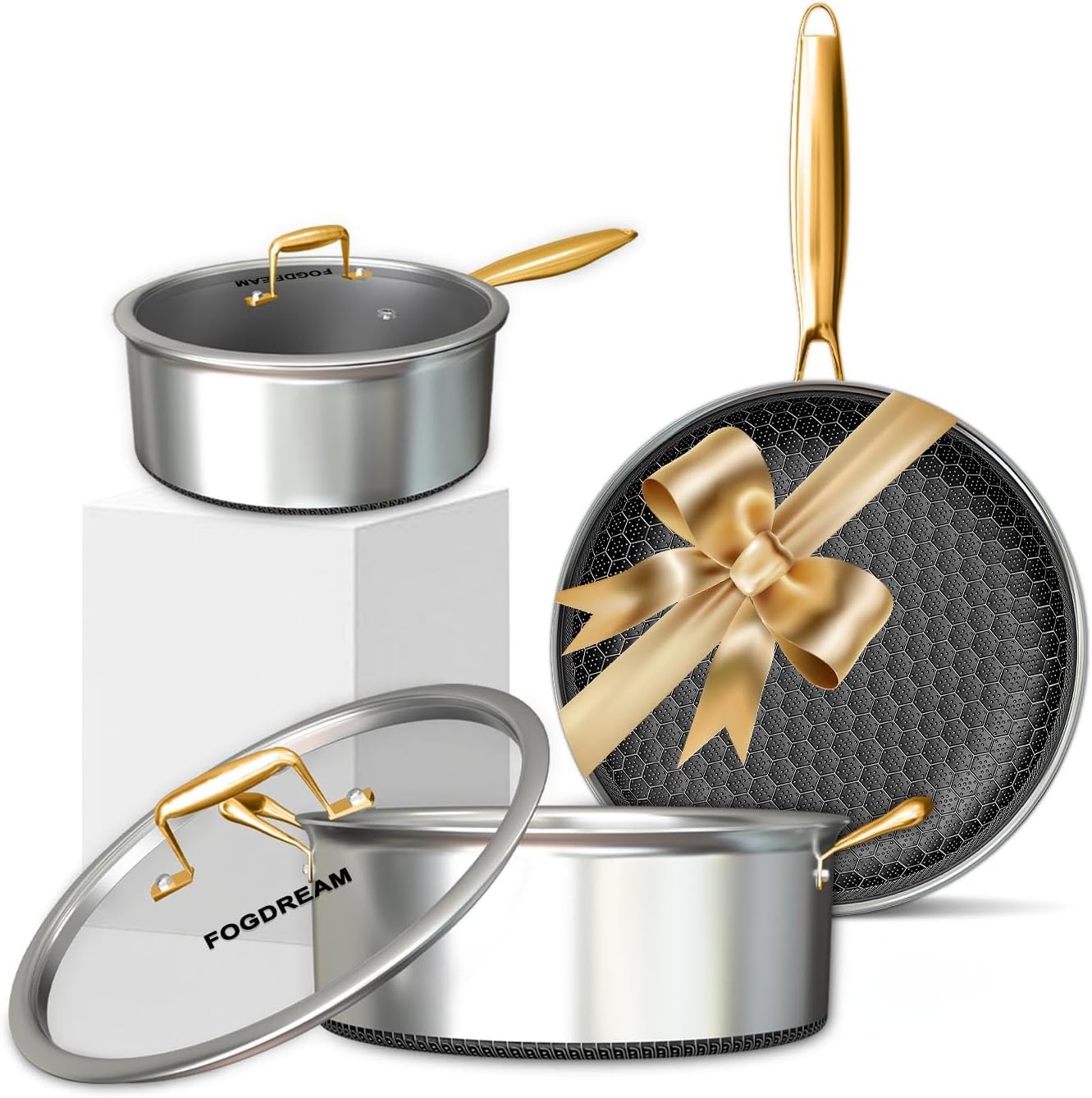 FogDream 5-Piece Stainless Steel Cookware Set: Non-Stick Pots & Pans, Gold FogDream 5-Piece Stainless Steel Cookware Set: Non-Stick Pots & Pans, Gold